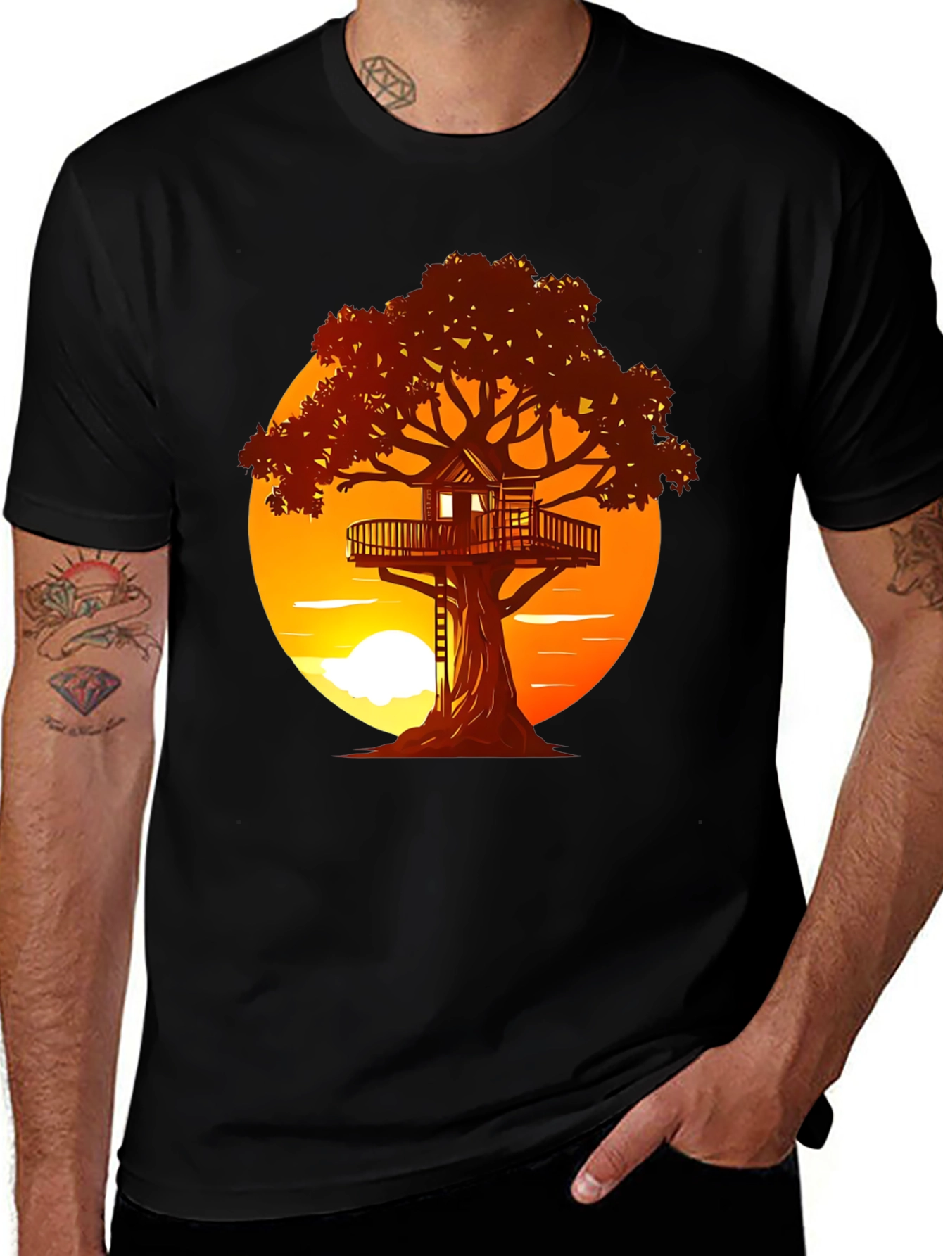 Variant 6 of Treehouse Sunset Graphic Tee - Nature Inspired Shirt