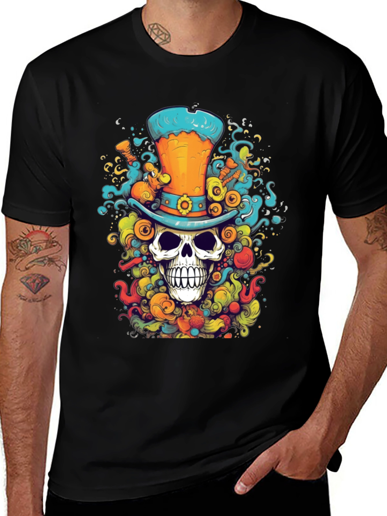 Variant 21 of Skull Top Hat Graphic T-Shirt - Unique Colorful Design