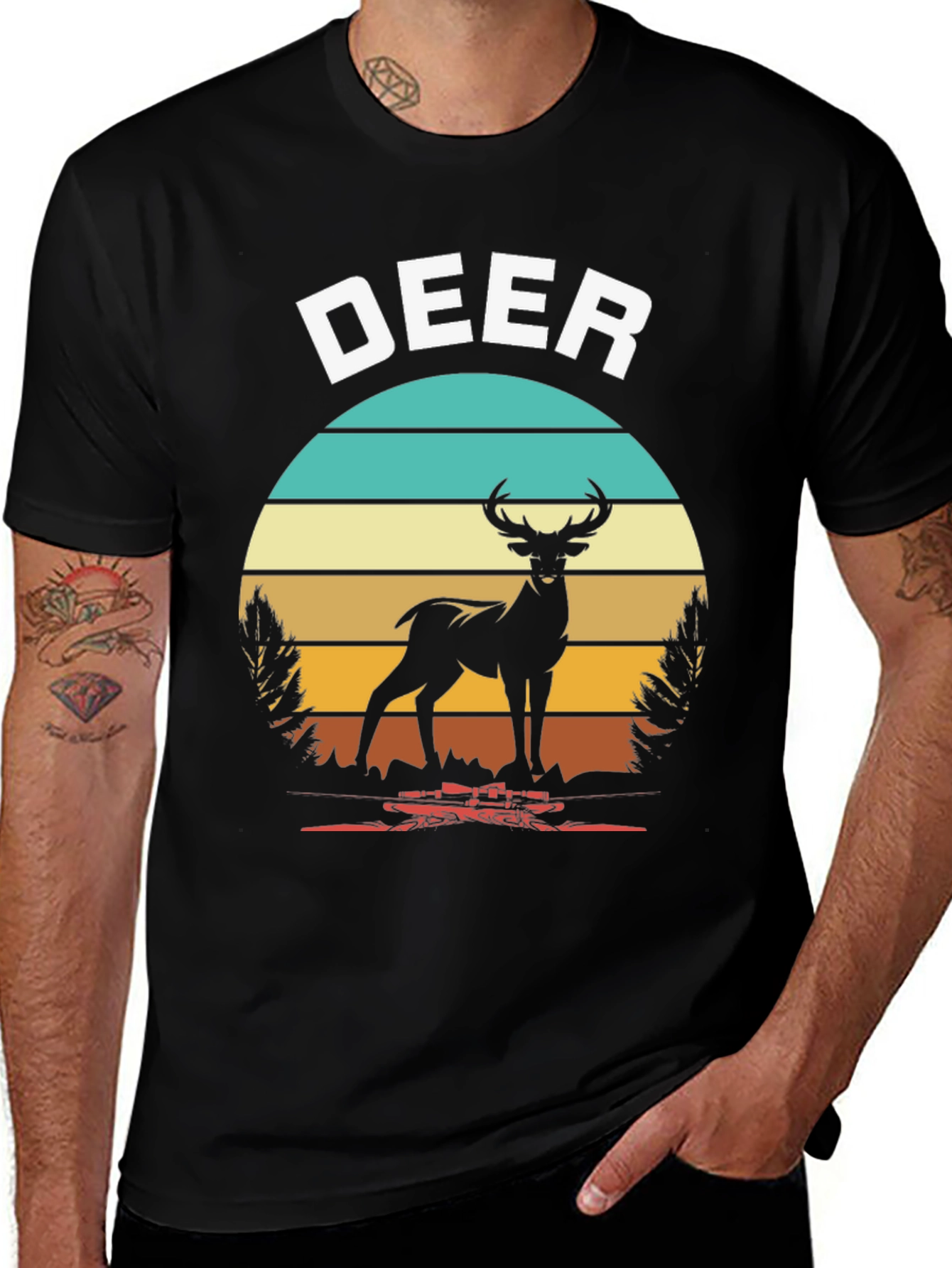 Variant 10 of Deer Graphic Tee Retro Sunset Design