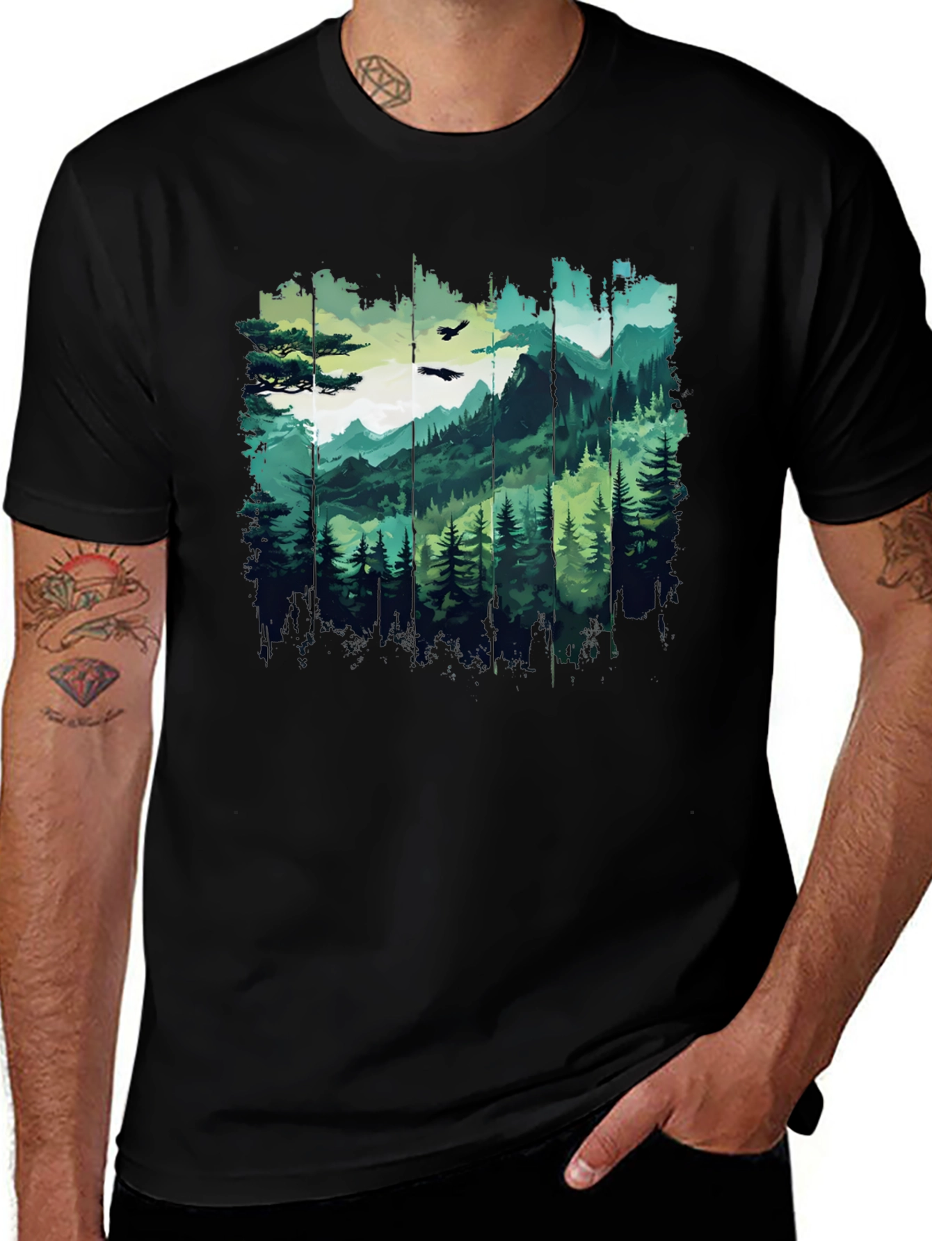 Variant 23 of Forest Mountain Graphic Print Black T-Shirt