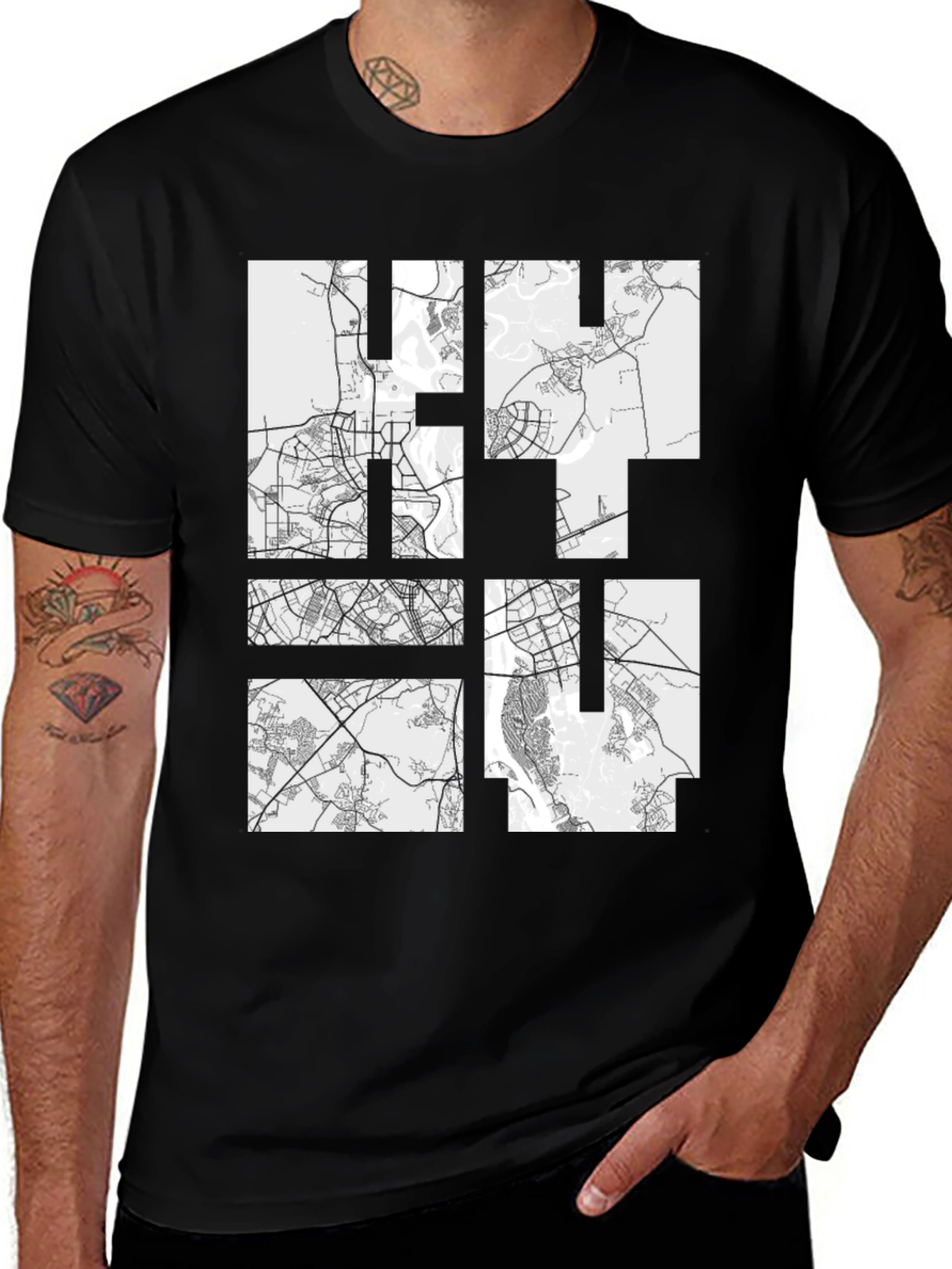 Variant 11 of Abstract City Map Graphic Tee - Men's Black T-Shirt