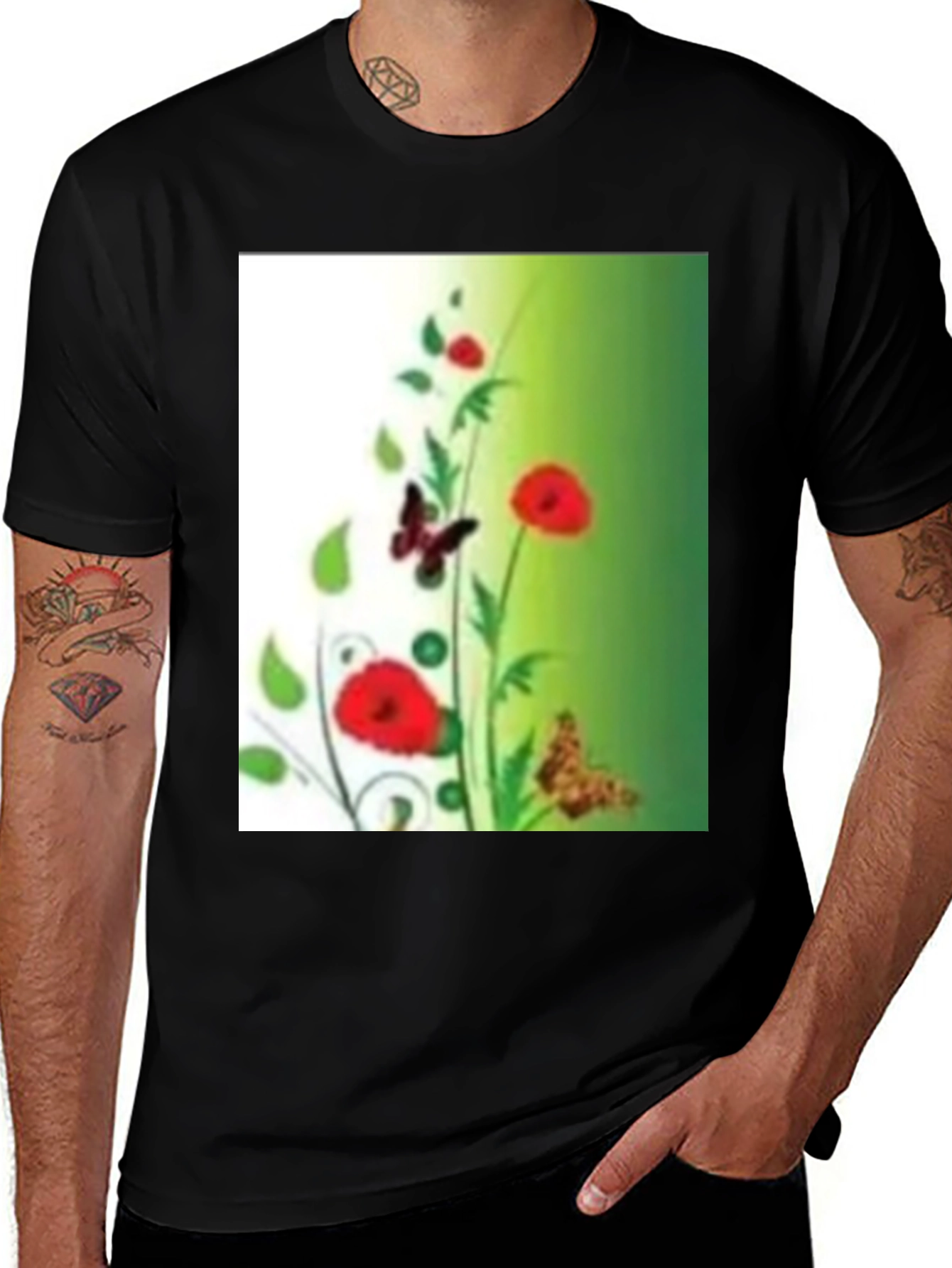 Variant 13 of Floral Butterfly Graphic Black T-Shirt