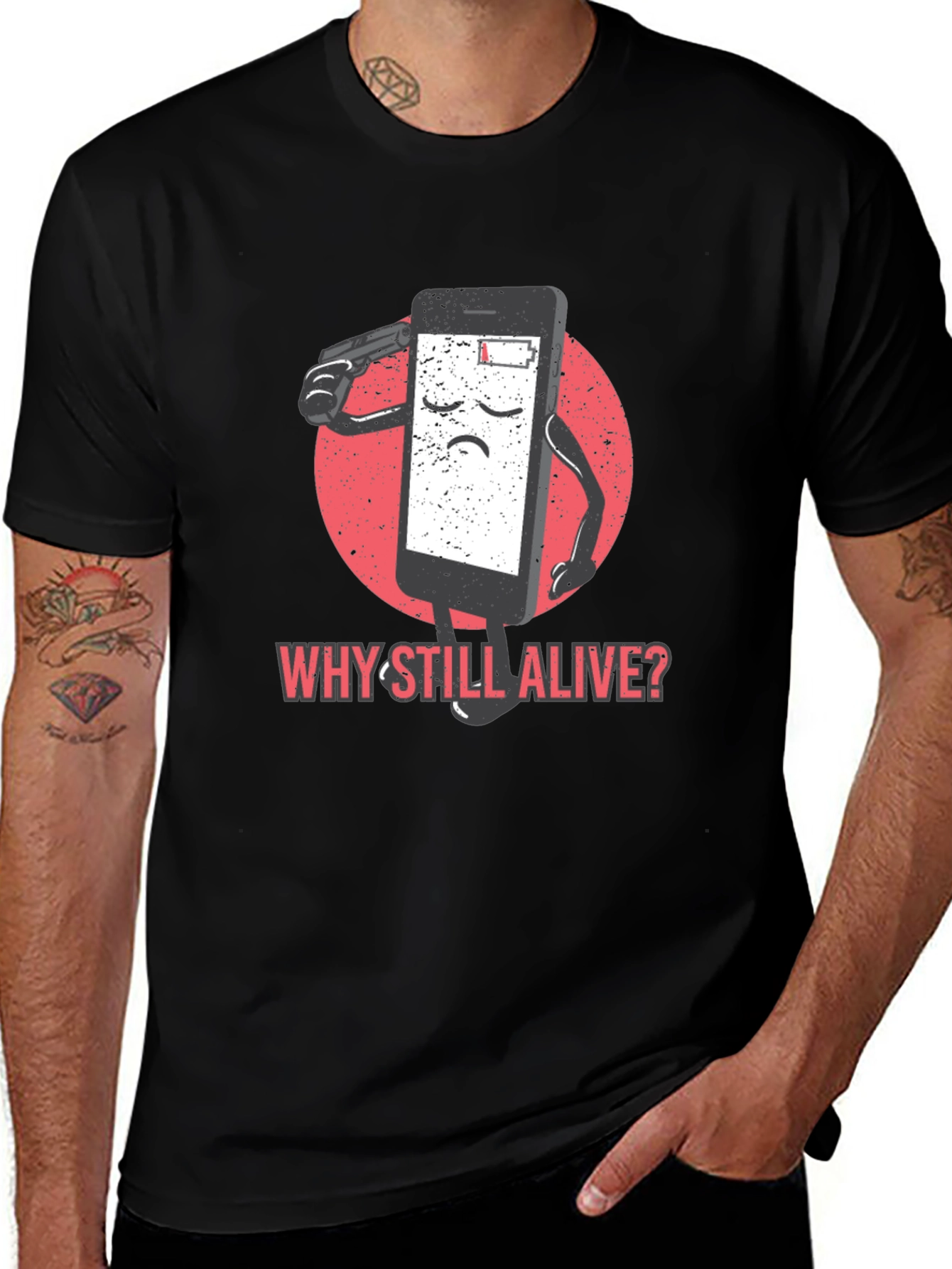 Black Why Still Alive T-Shirt - Funny Phone Battery Tee main image