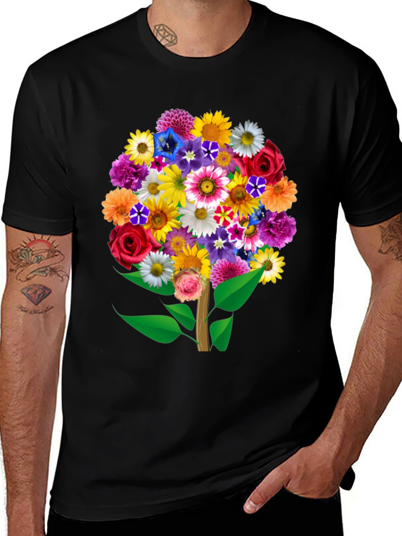 Black Floral Bouquet Tree Graphic Tee - Black Cotton T-Shirt main image