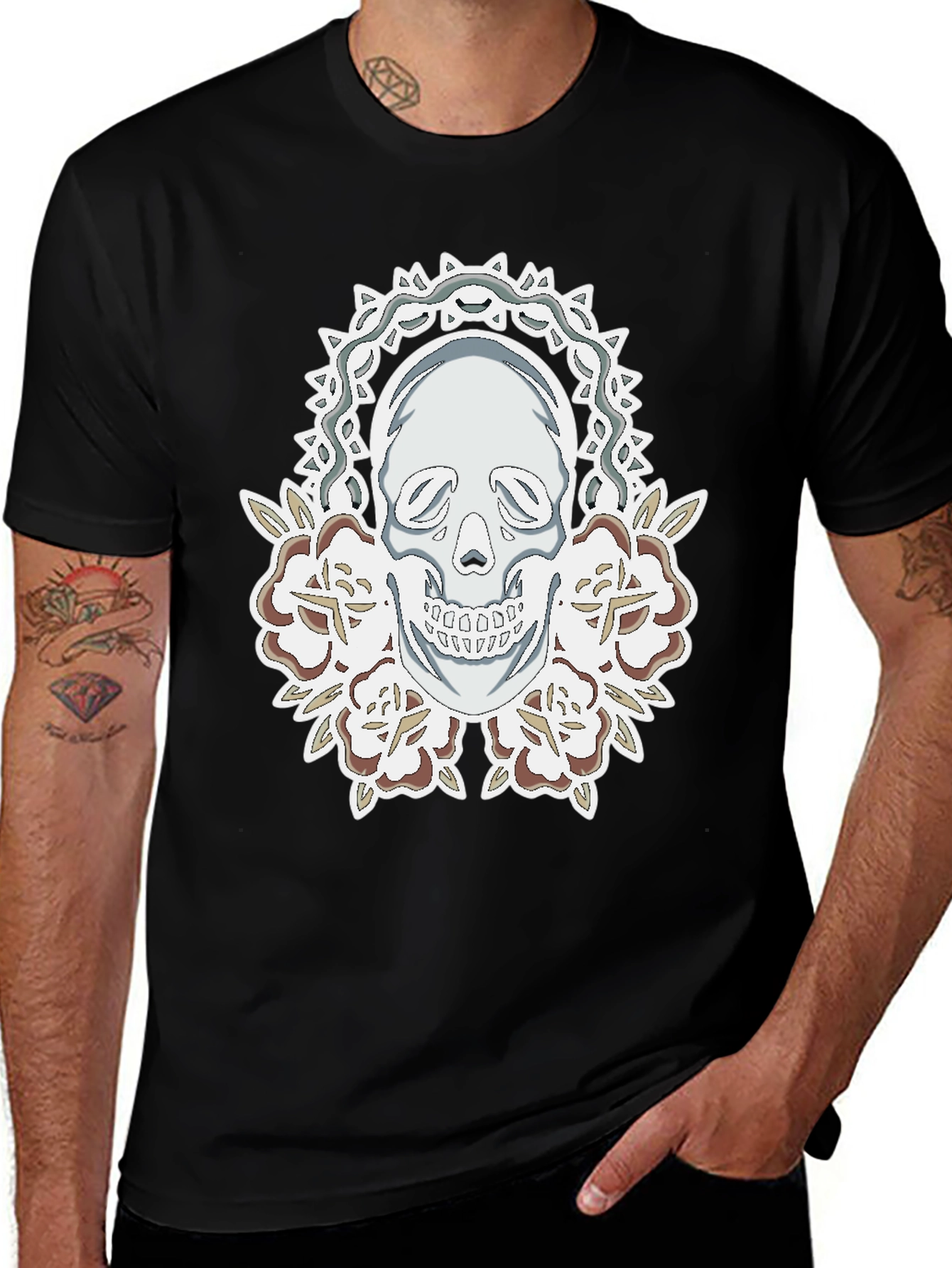 Skull & Roses Graphic Tee - Men's Black T-Shirt