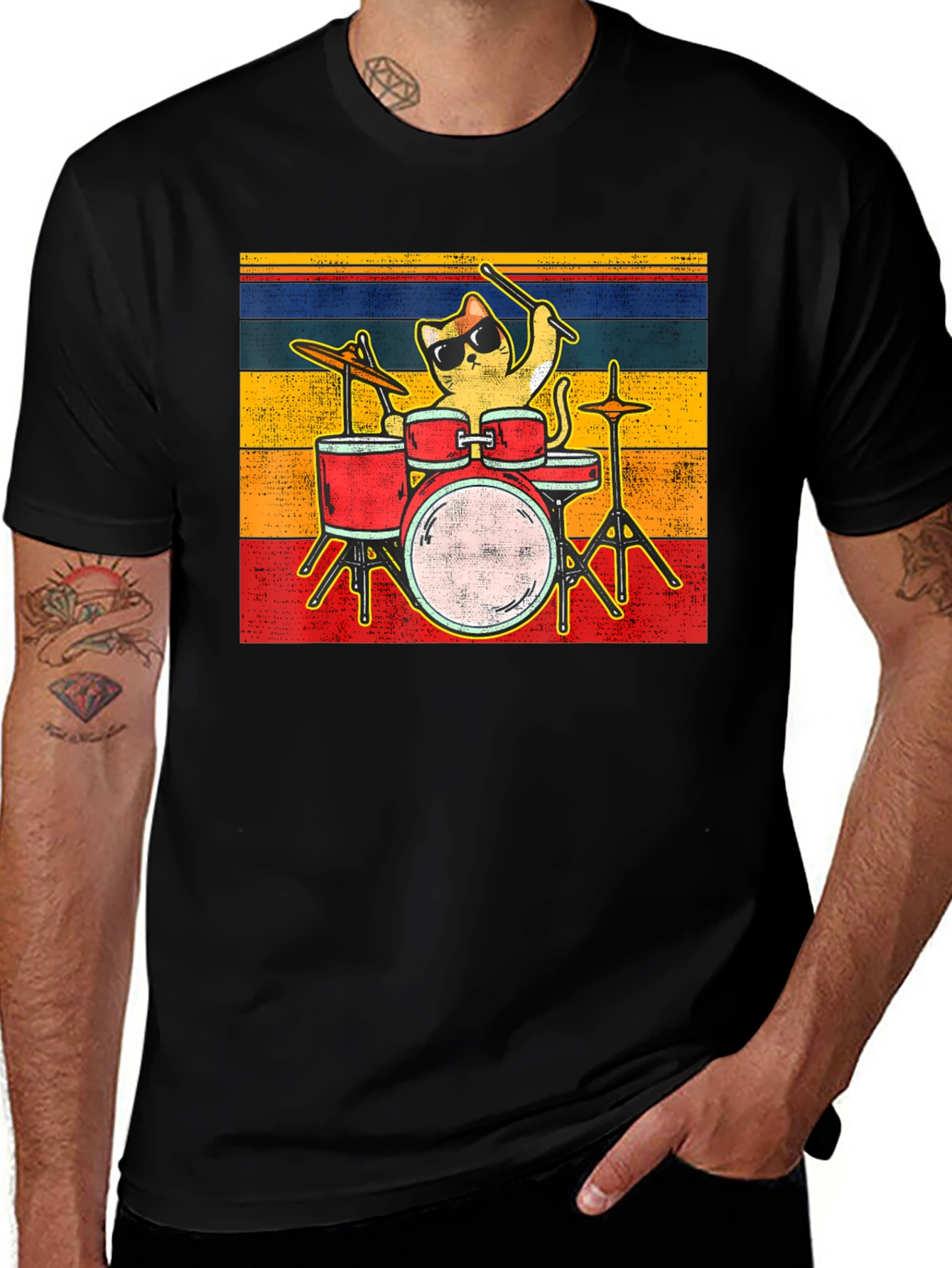 Variant 3 of Cat Drummer T-Shirt - Vintage Style Design