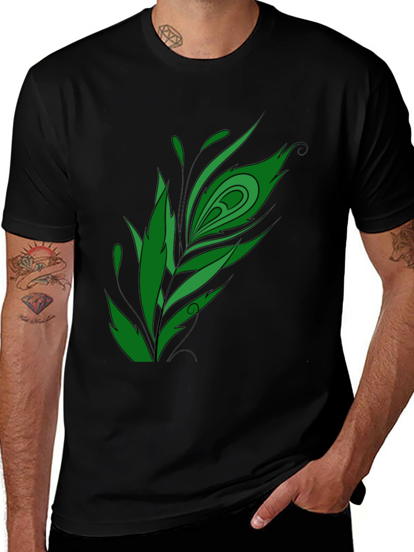 Variant 15 of Men's Black T-shirt with Green Feather Graphic