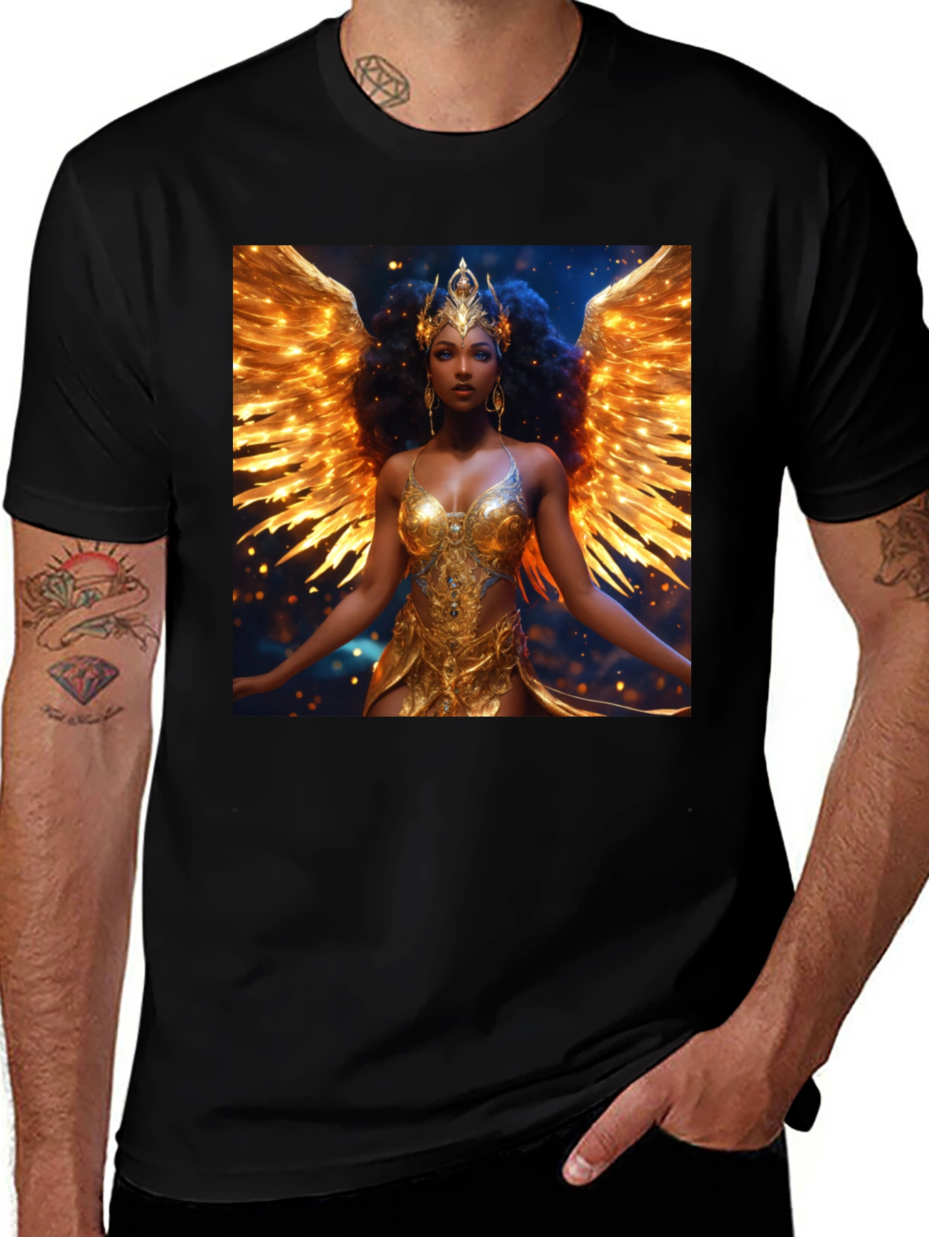 Variant 25 of Golden Angel Wings Graphic Tee - Unique Black T-Shirt