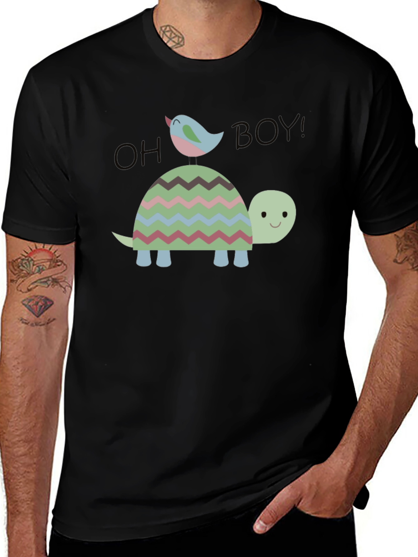 Variant 30 of Whimsical Turtle & Bird Graphic Tee - Men's Black Cotton T-Shirt