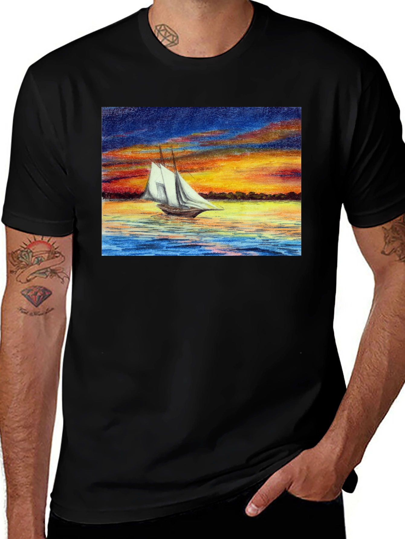 Variant 12 of Sunset Sailboat Graphic Black T-Shirt