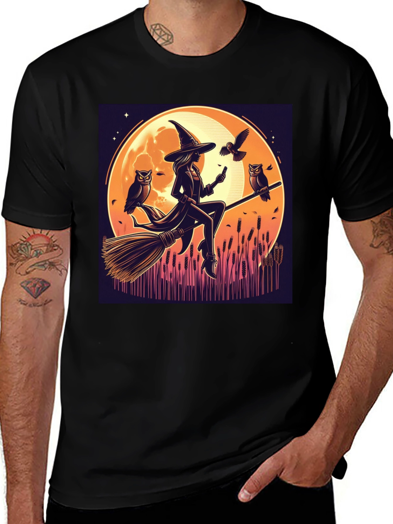 Variant 19 of Witch on Broomstick Graphic Tee - Halloween Style