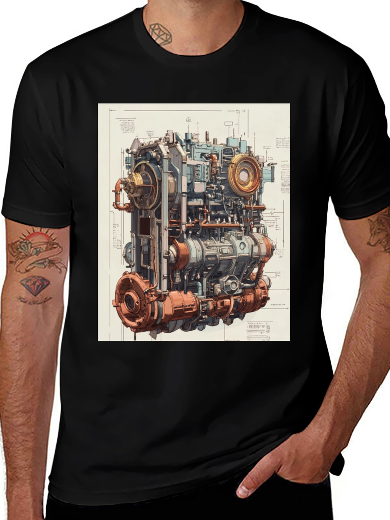 Variant 26 of Steampunk Engine Blueprint Graphic T-Shirt