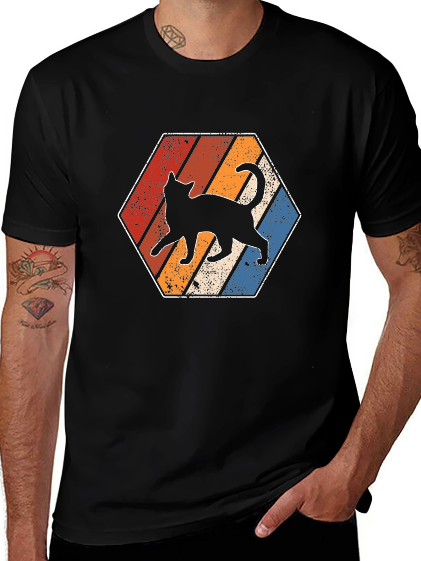 Variant 22 of Retro Cat T-Shirt - Vintage Style Hexagon Design
