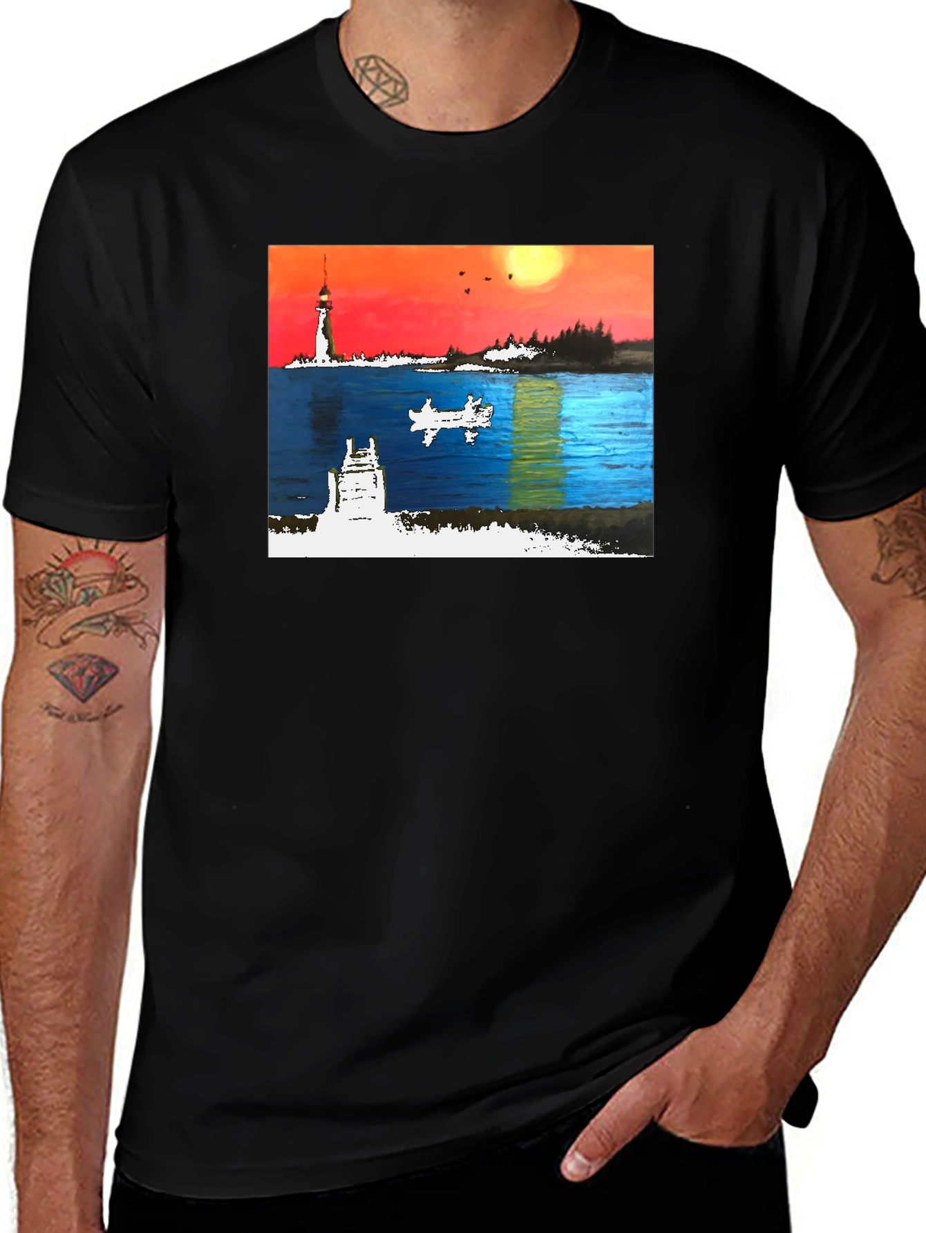 Variant 25 of Lighthouse Lake Boat Painting T-Shirt