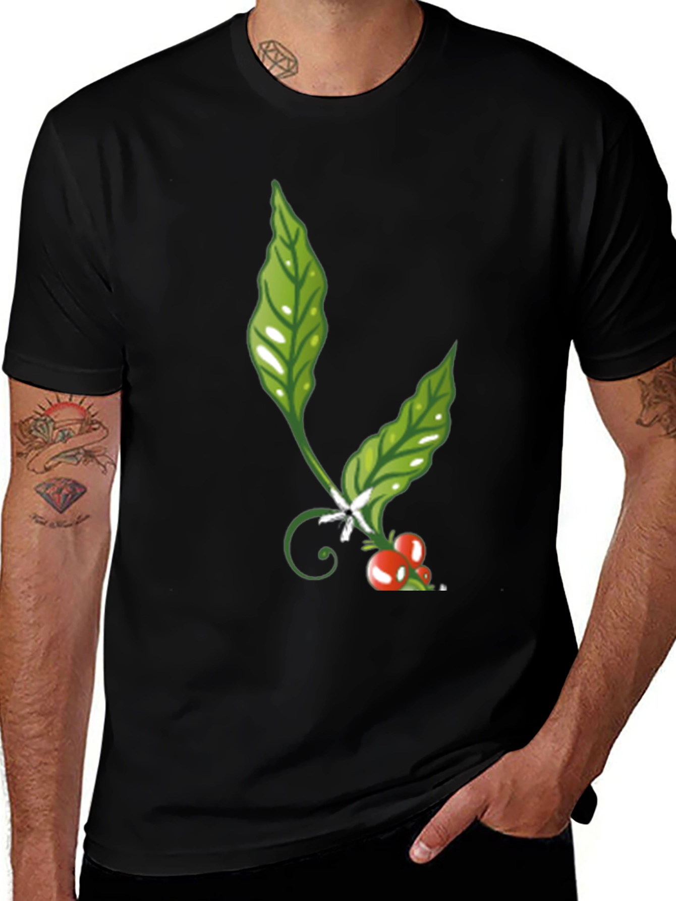 Variant 21 of Green Leaf & Berry Graphic Tee - Black Cotton Casual Shirt