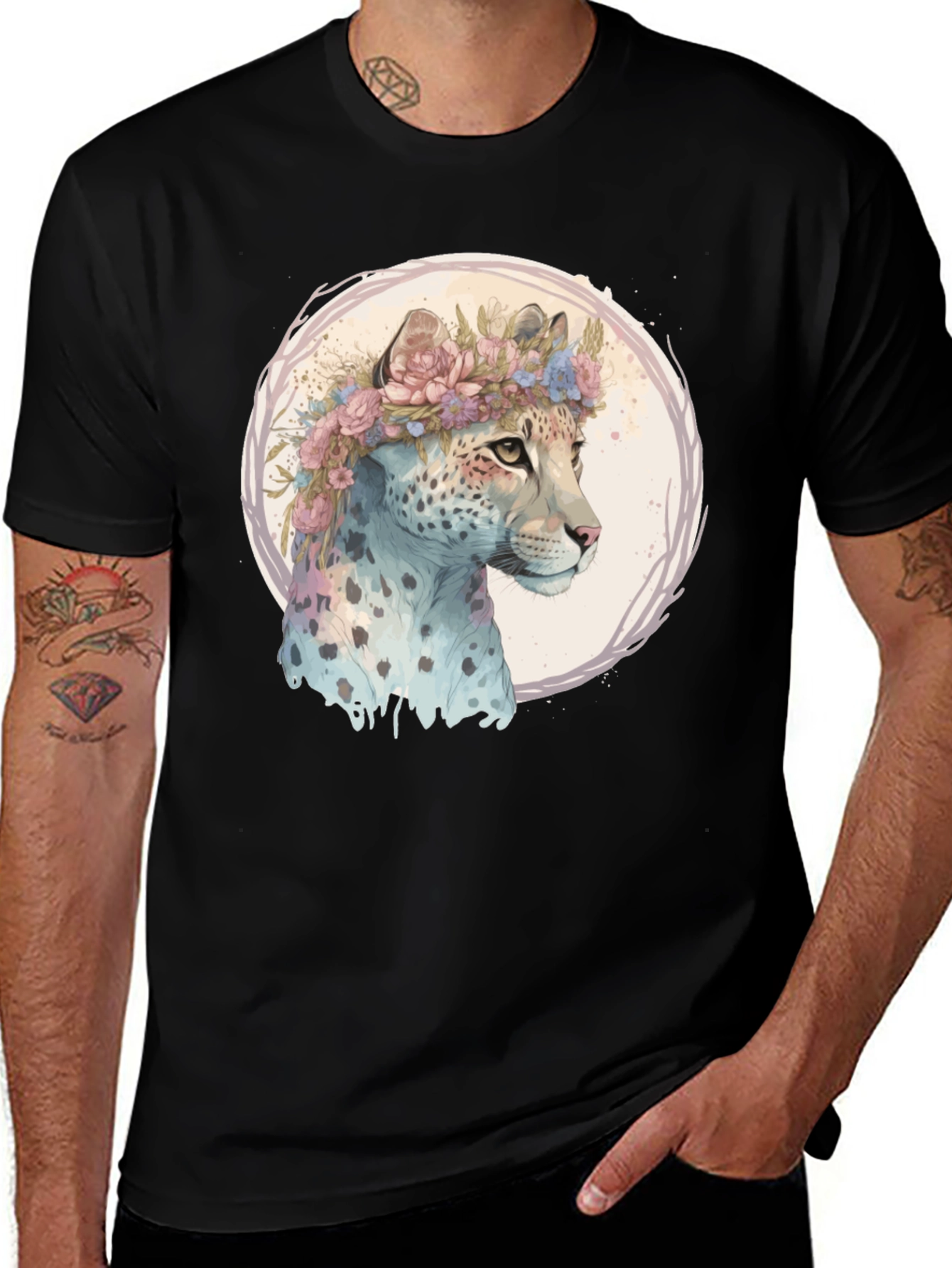 Black Floral Leopard Graphic Tee - Artistic Style main image