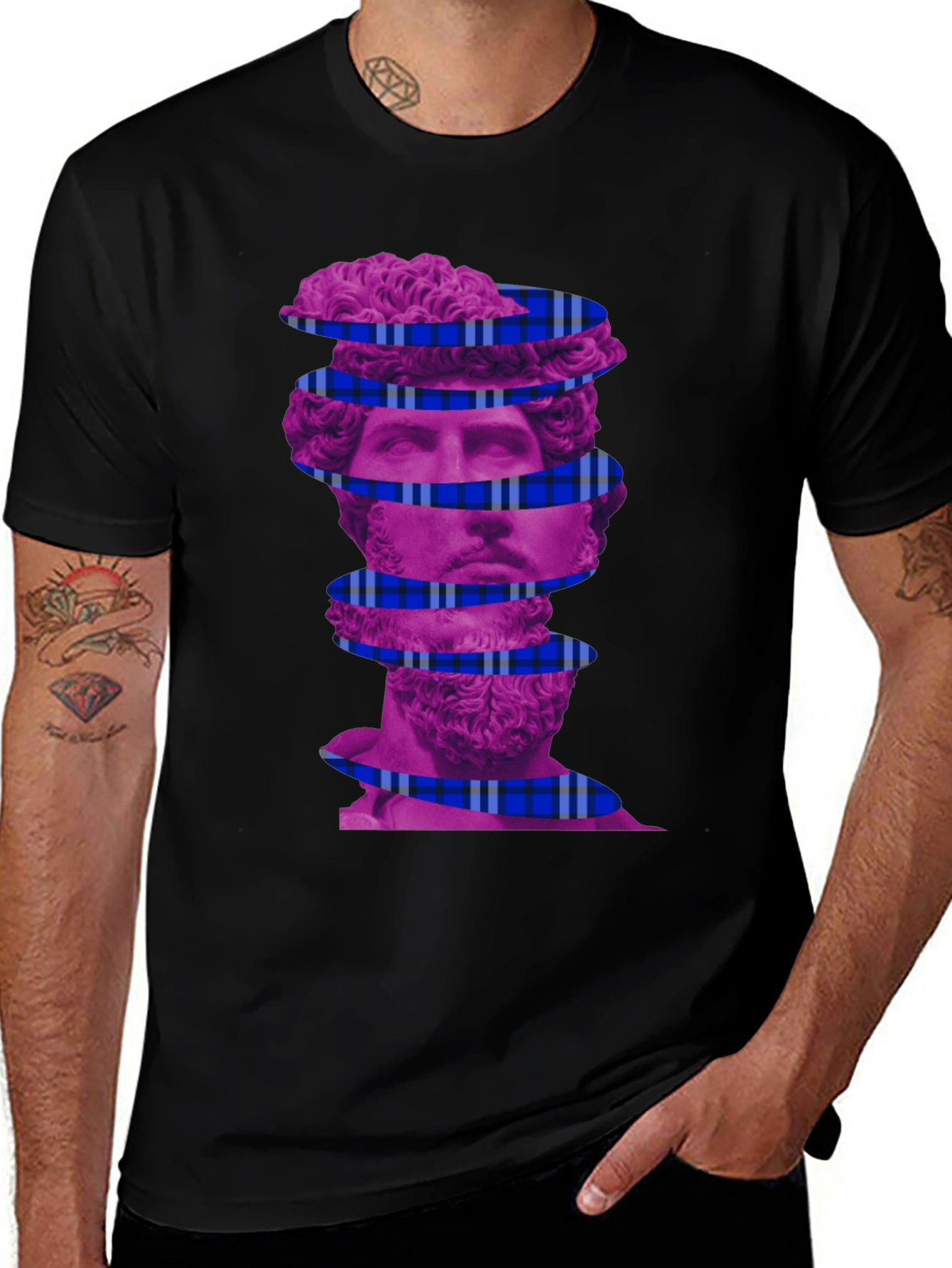 Variant 30 of Abstract Purple Statue Graphic Tee - Black Cotton T-Shirt