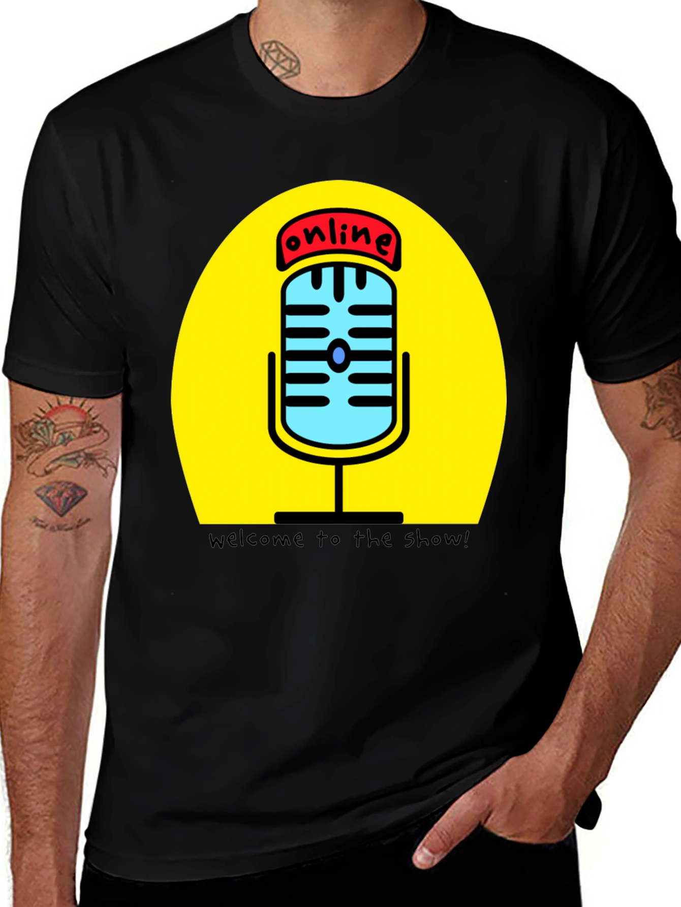 Online Show Black T-Shirt with Microphone Design