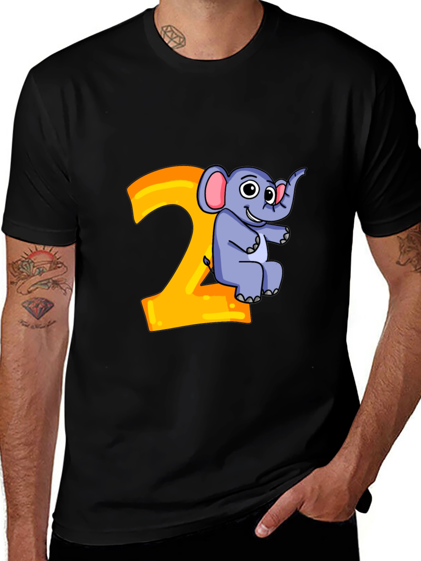 Variant 15 of Cute Cartoon Elephant 2nd Birthday Black T-Shirt