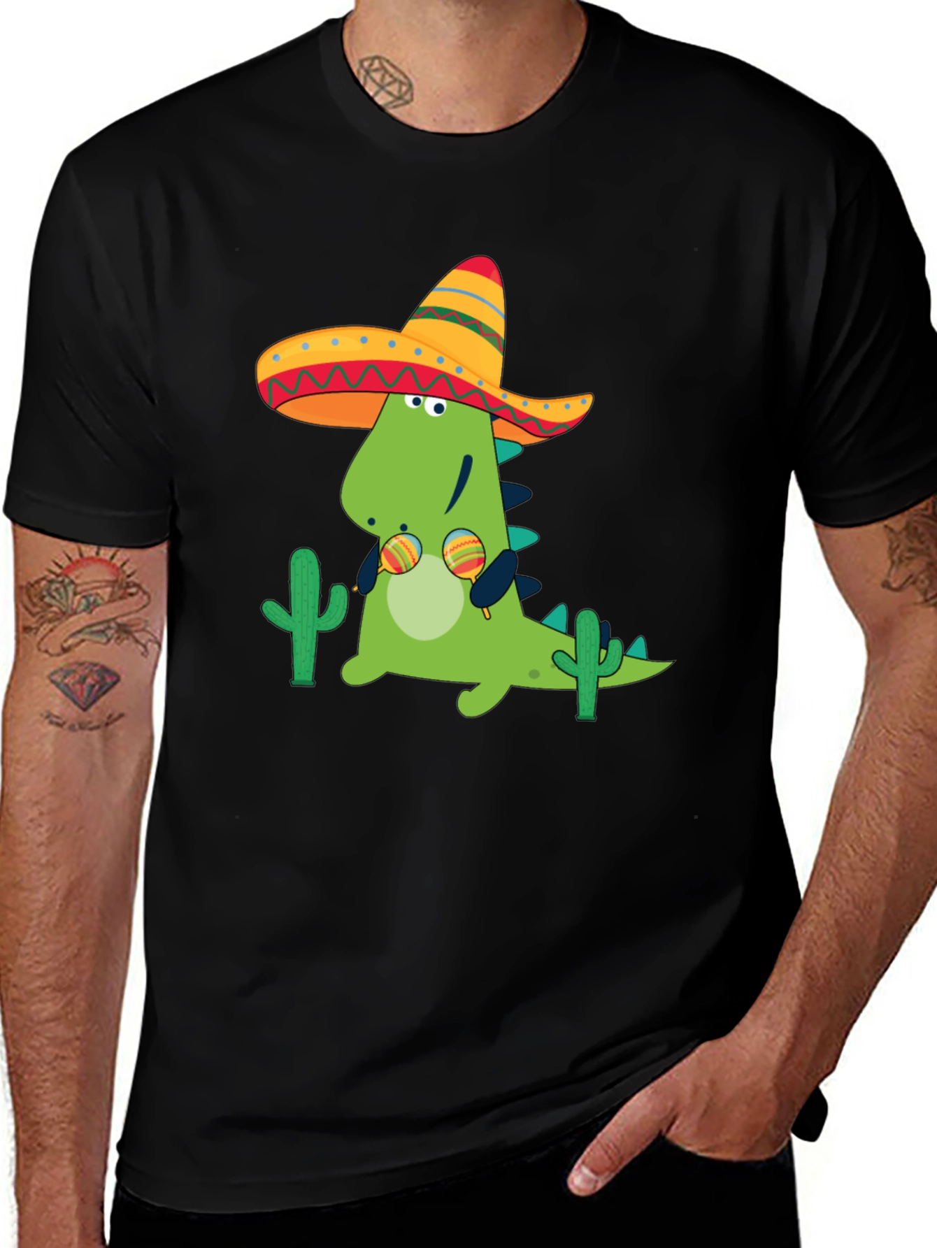 Black Dino Fiesta Black T-Shirt - Maracas & Sombrero main image