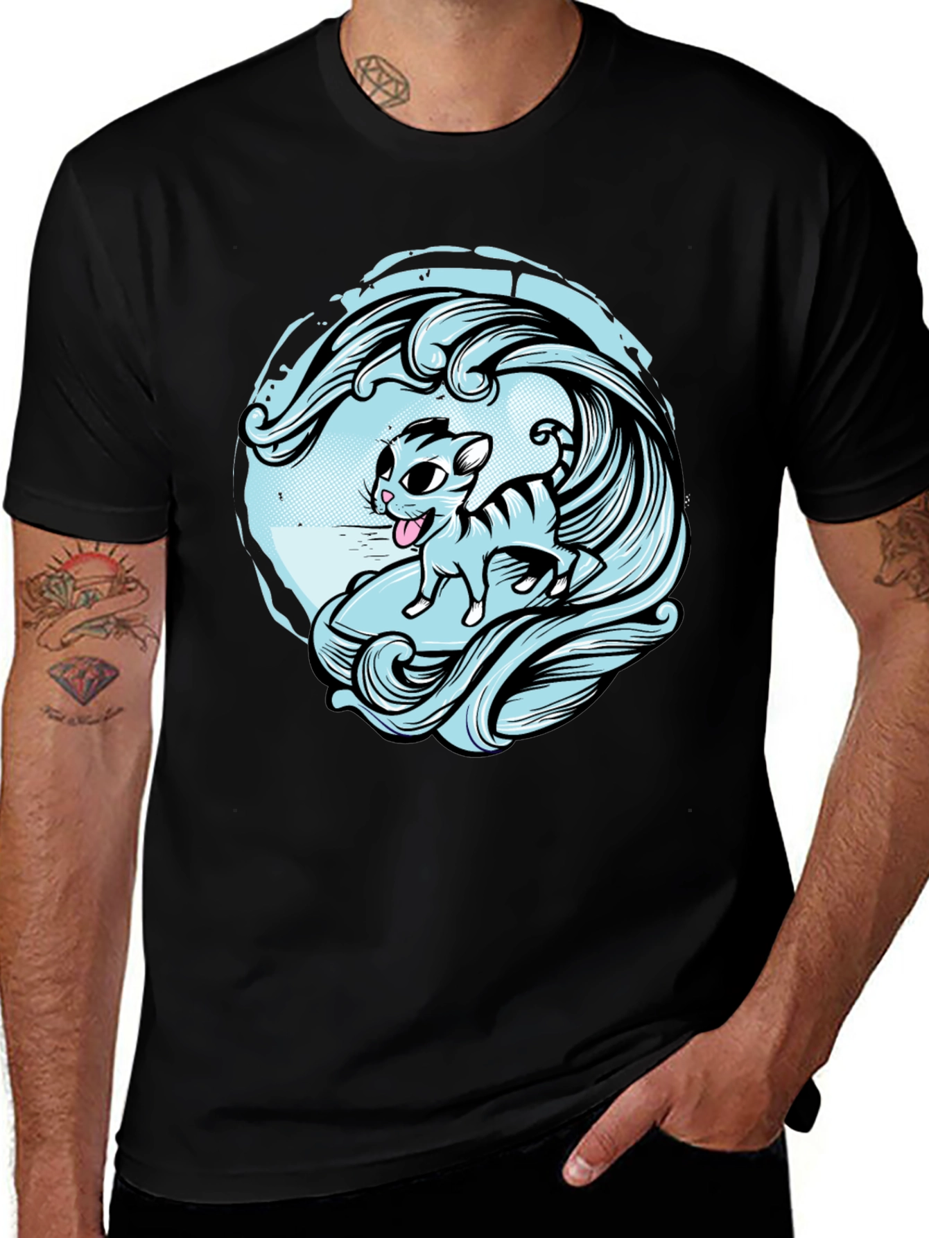 Variant 19 of Surfing Cat Graphic Tee - Cool Wave Design