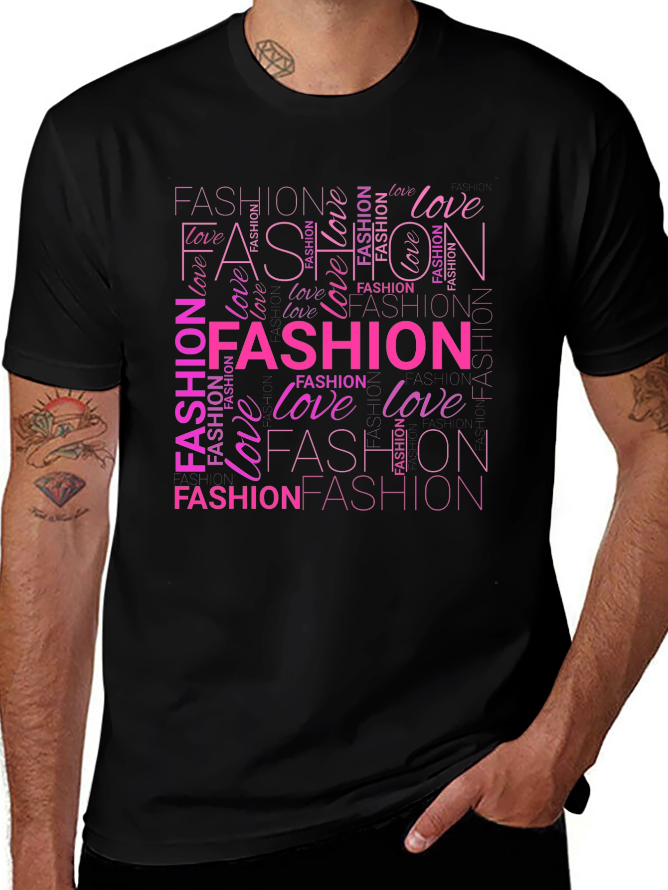 Fashion & Love Pink Word Art Print Black T-Shirt