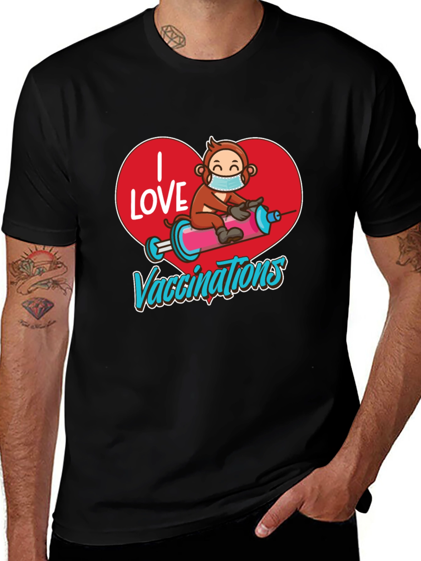 Variant 29 of I Love Vaccinations T-Shirt, Monkey on Syringe Design