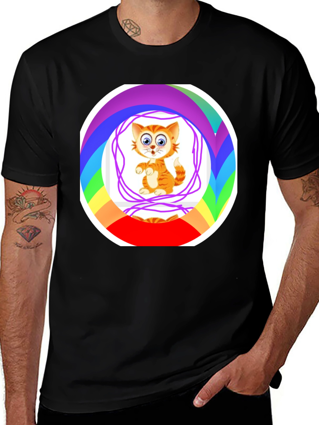Variant 10 of Cartoon Cat Rainbow Circle Graphic Black T-Shirt