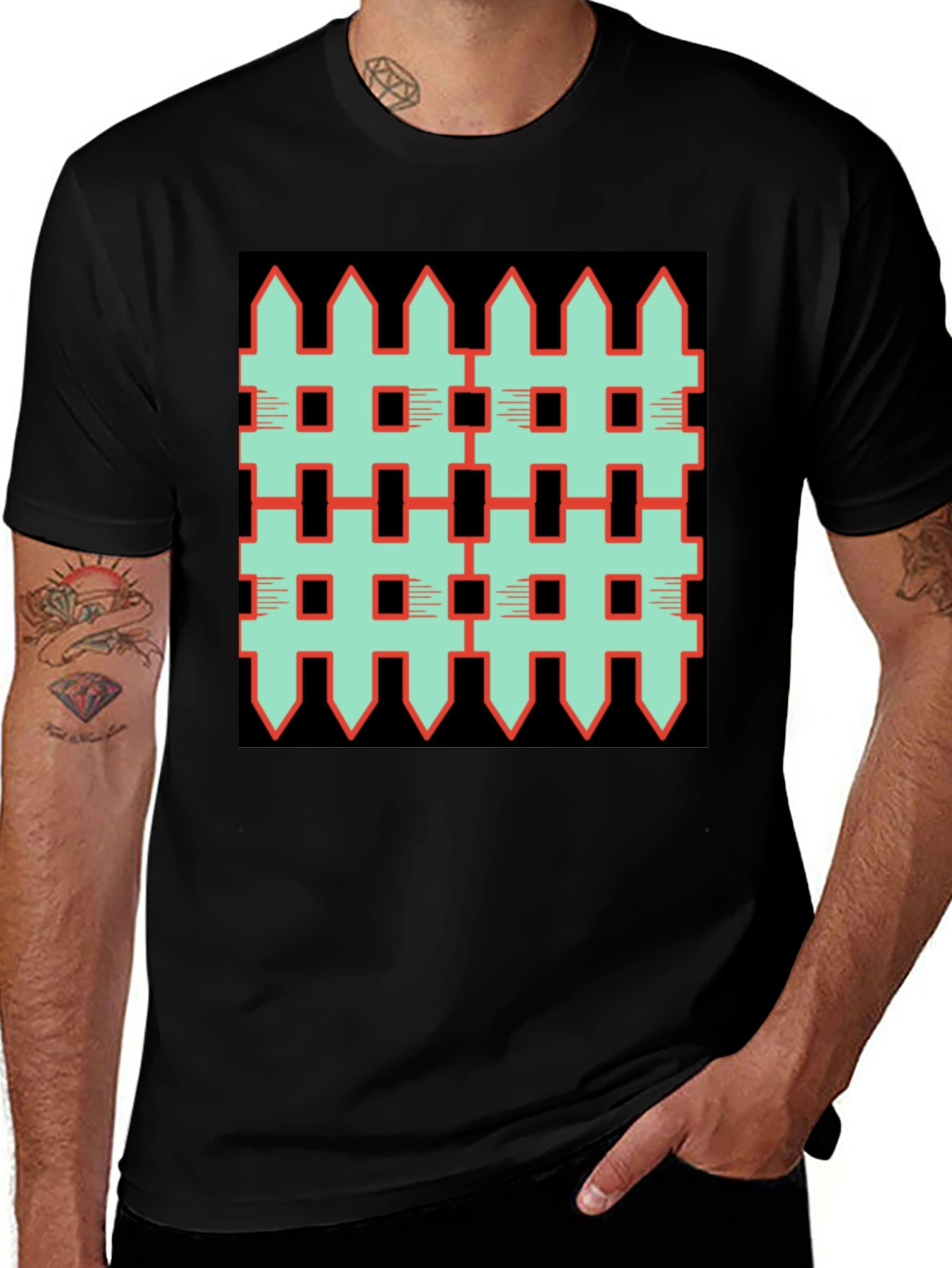 Variant 4 of Unique Fence Pattern Graphic Tee - Black
