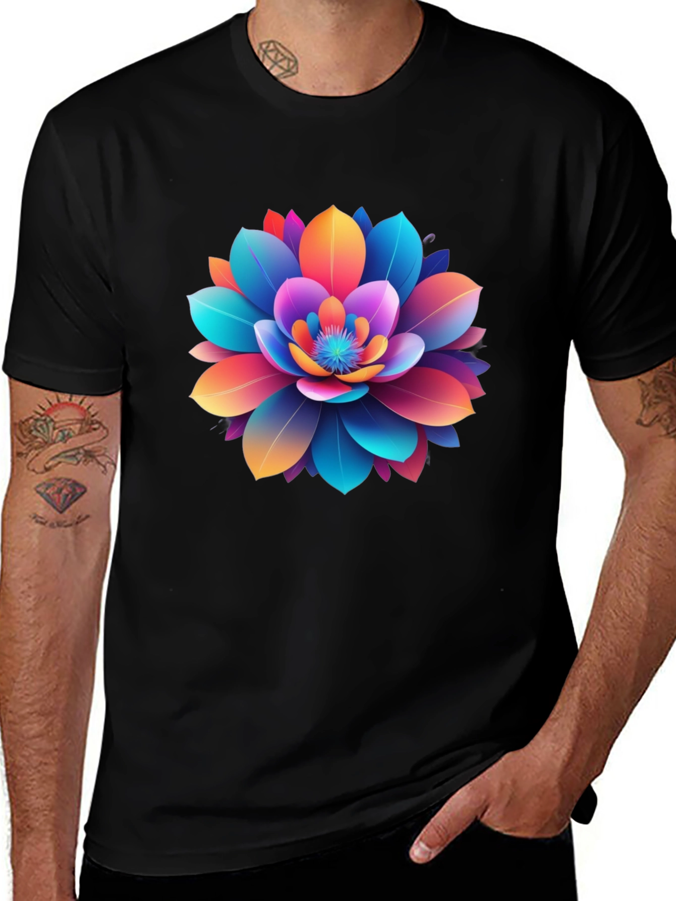 Variant 6 of Colorful Flower Graphic Black T-Shirt