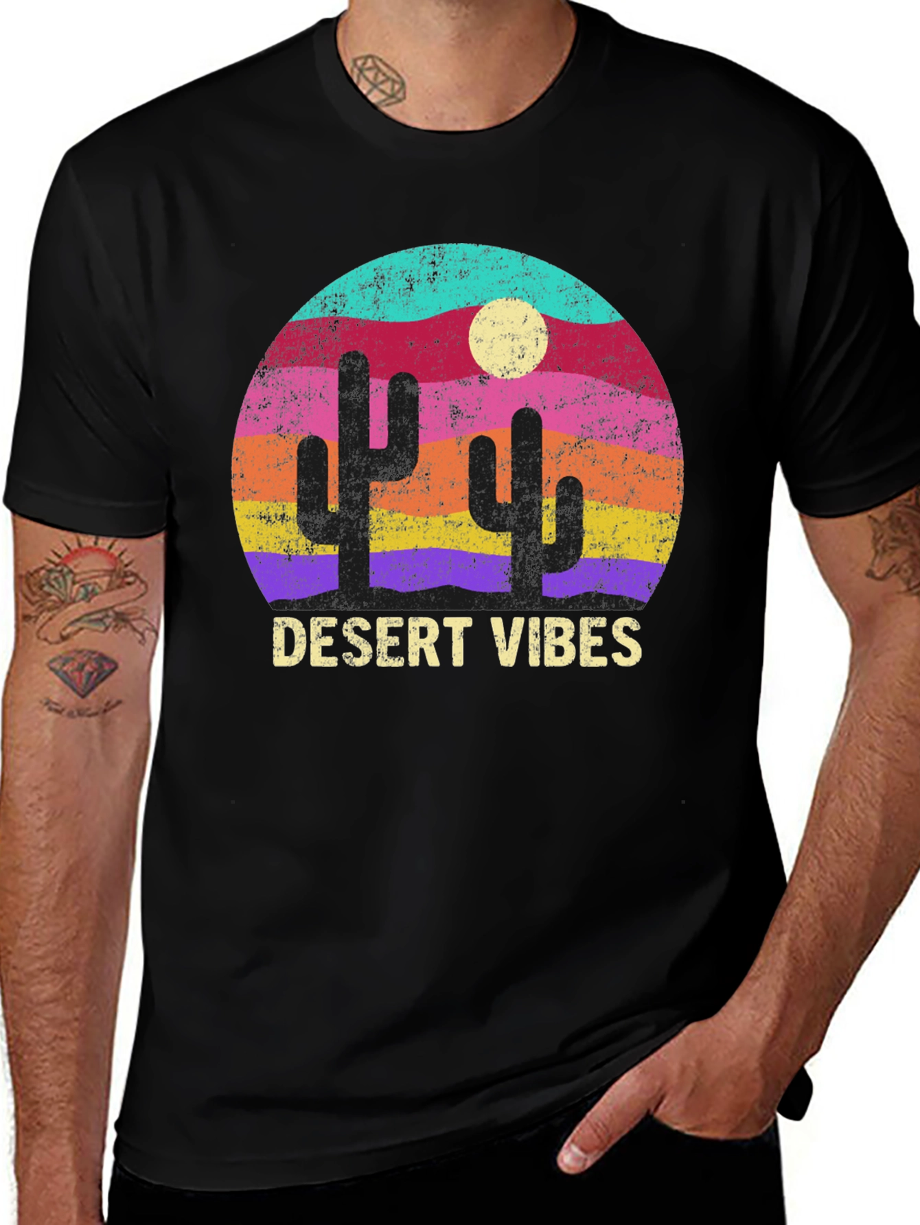 Variant 22 of Desert Vibes Graphic Tee - Retro Sunset Cactus T-Shirt