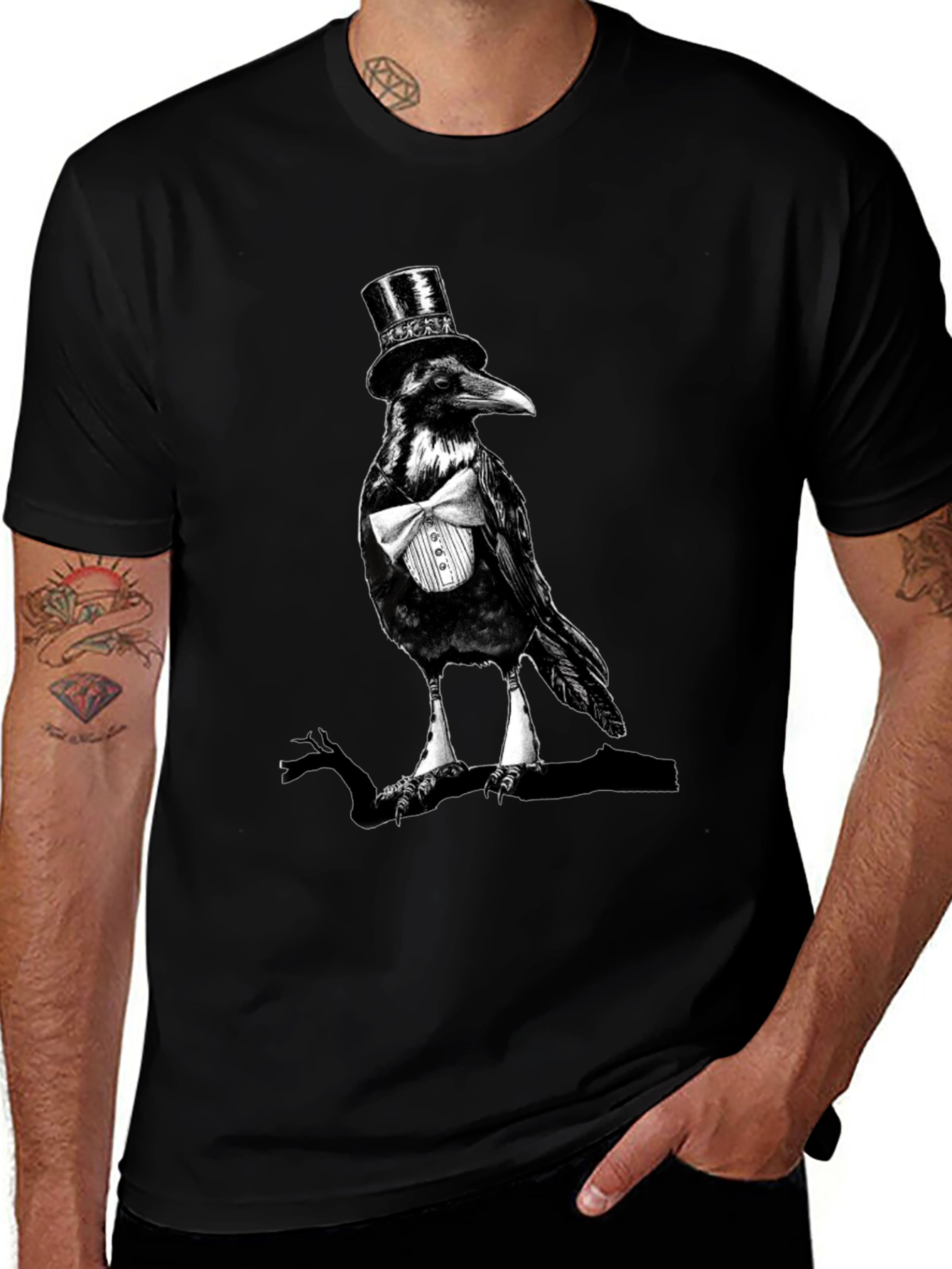 Variant 29 of Raven Top Hat Bowtie T-Shirt, Mens Black Tee