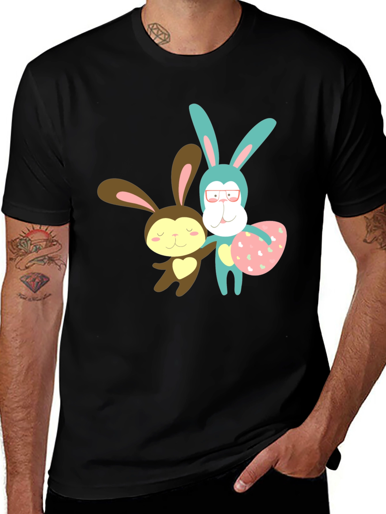 Cute Cartoon Bunny Black T-Shirt