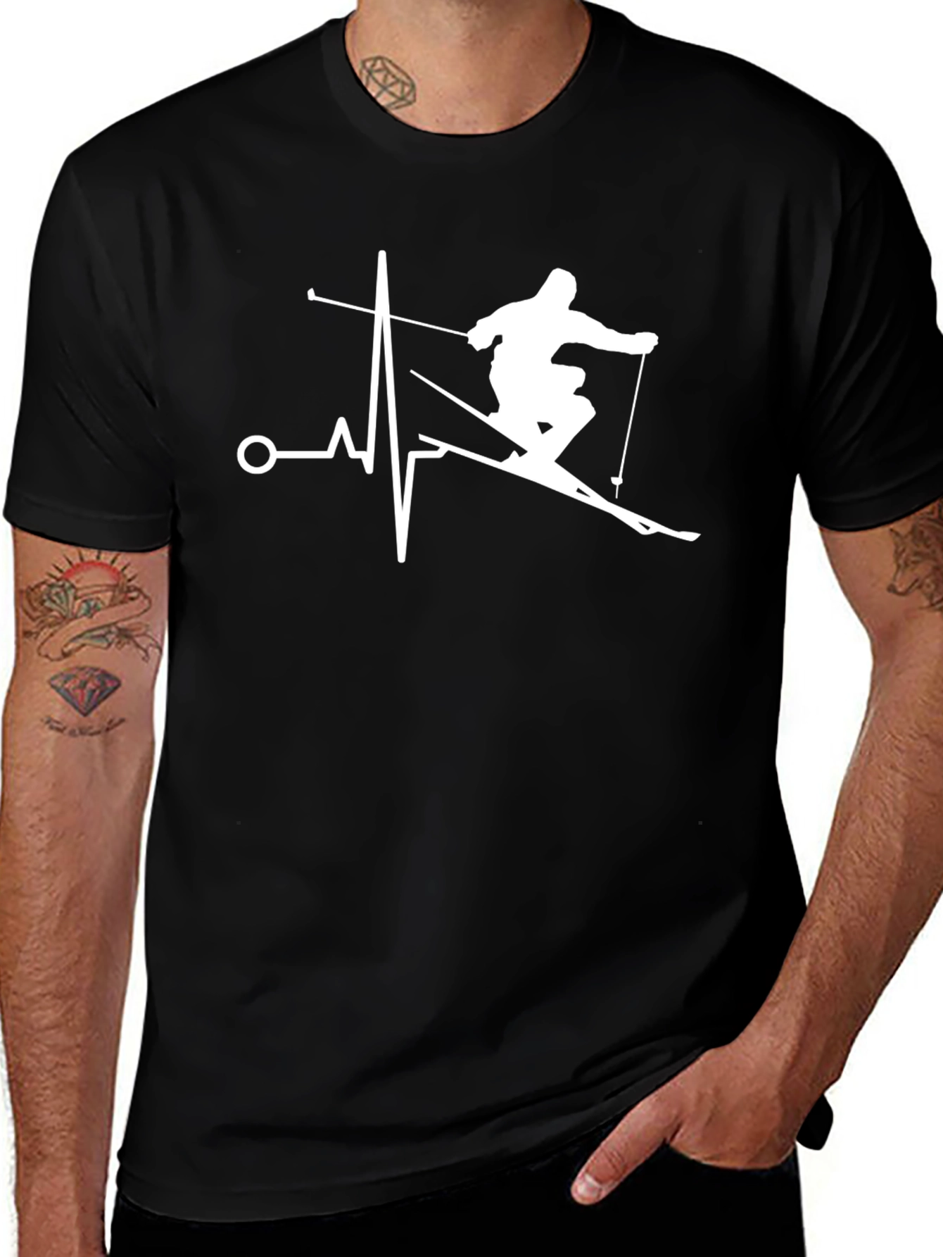 Variant 26 of Skier Heartbeat Graphic T-Shirt - Black Cotton Tee