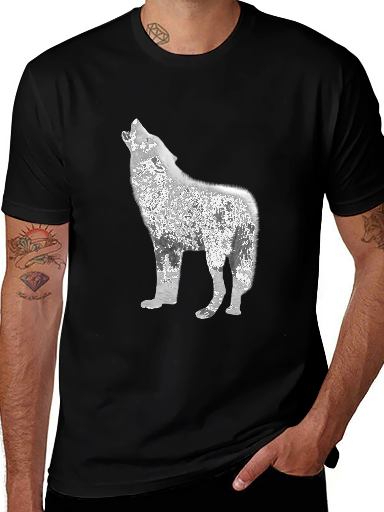 Variant 10 of Wolf Silhouette Graphic Tee - Men's Black Cotton T-Shirt