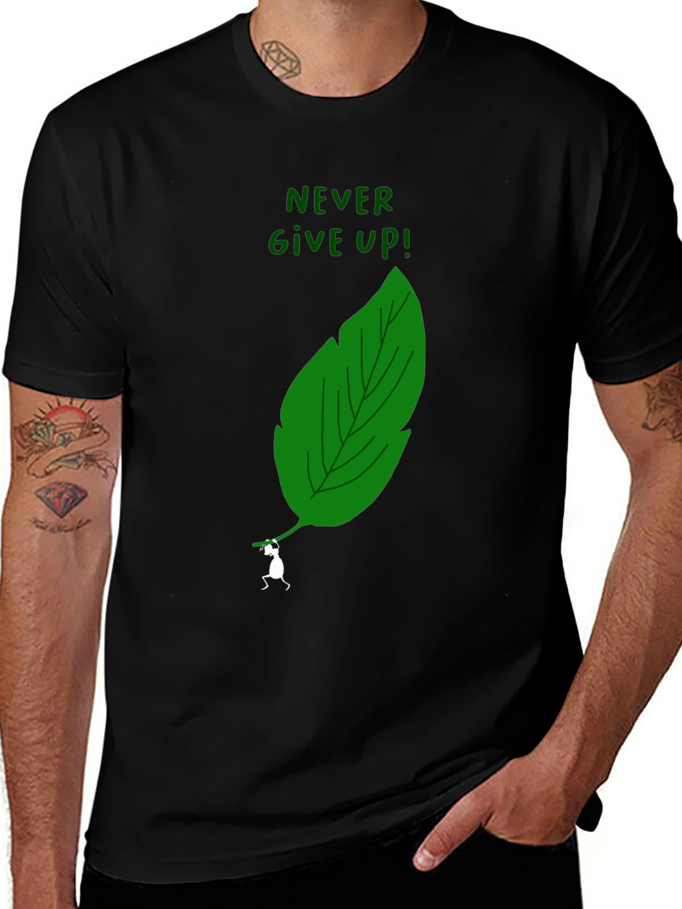 Never Give Up! Black T-Shirt with Leaf and Ant Design