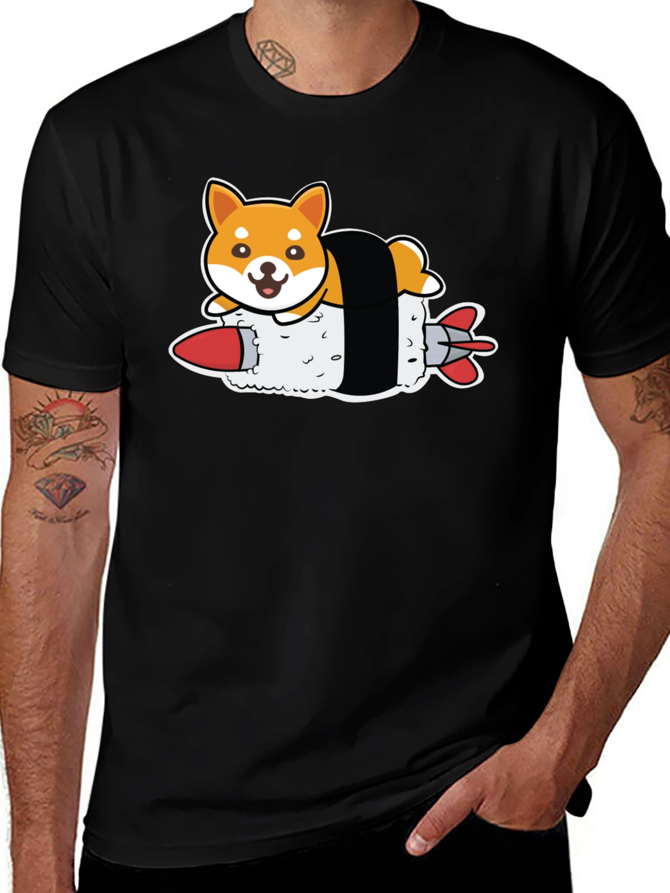 Shiba Inu Sushi Rocket Black T-Shirt