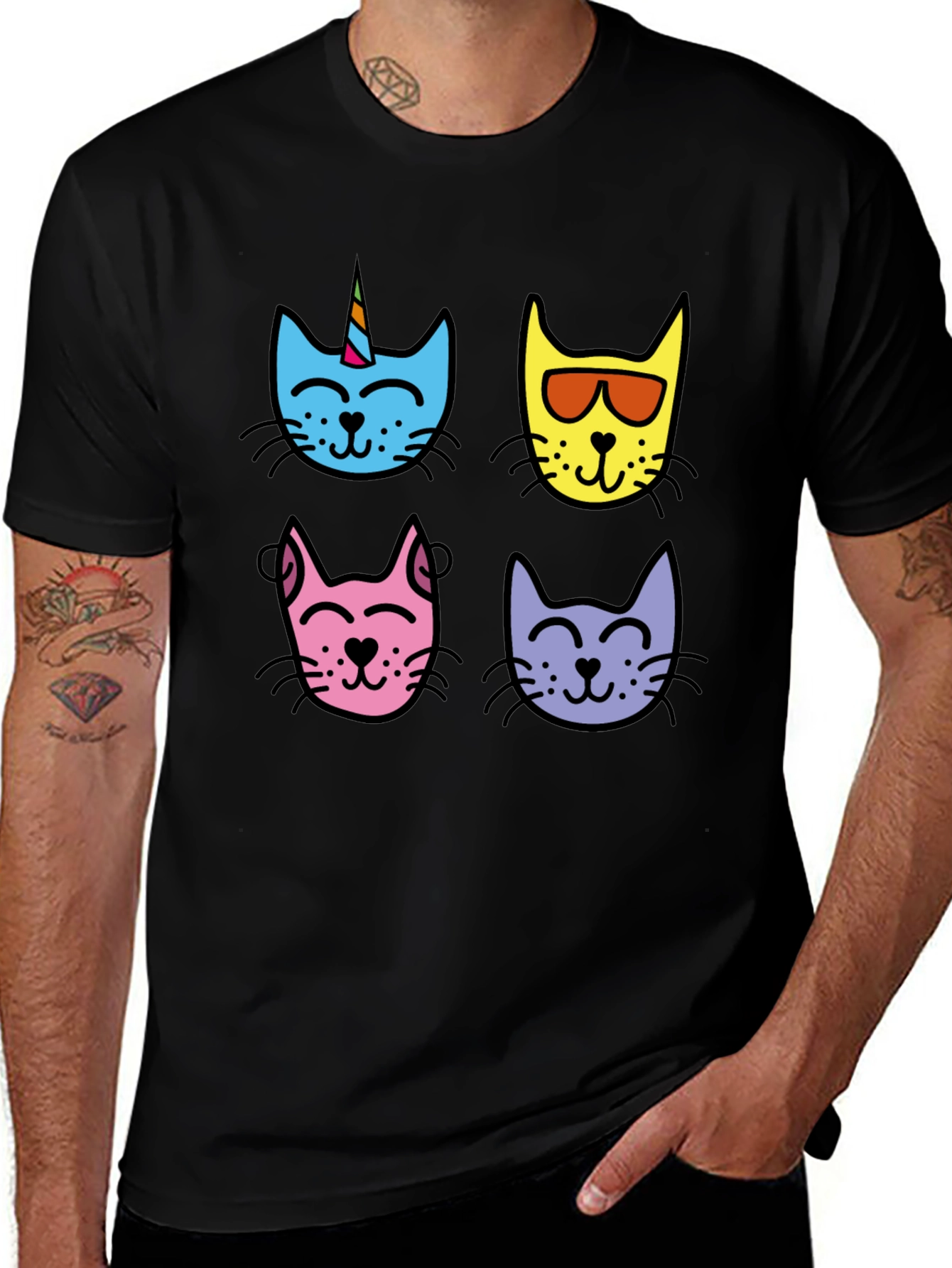 Cute Cat Faces Graphic Tee - Men's Black T-Shirt
