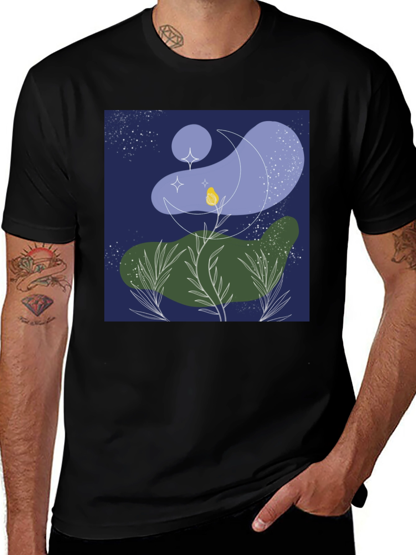 Variant 24 of Abstract Moon & Stars Graphic T-Shirt - Unisex Black Tee