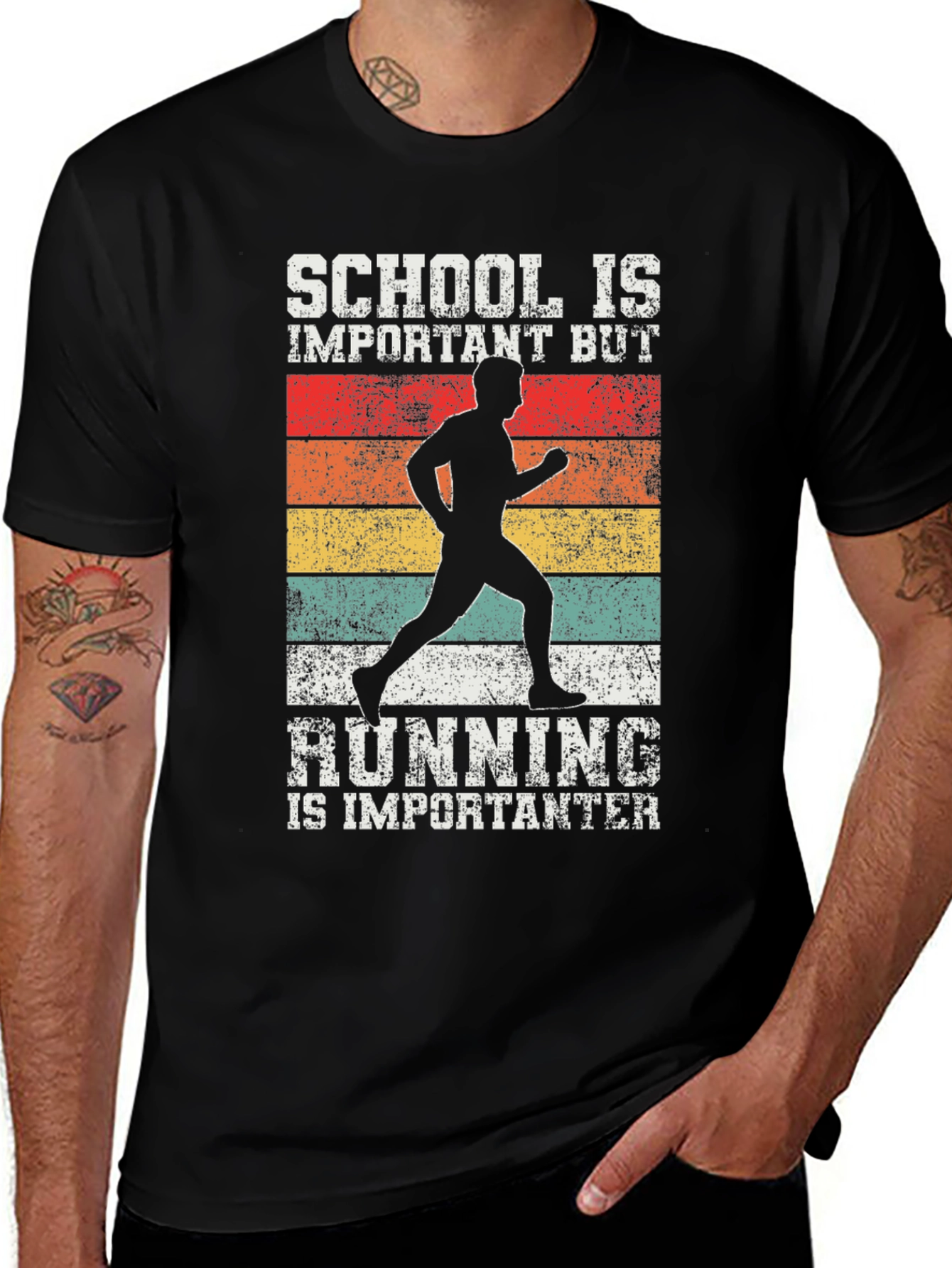Black Funny Runner T-Shirt - School vs Running main image