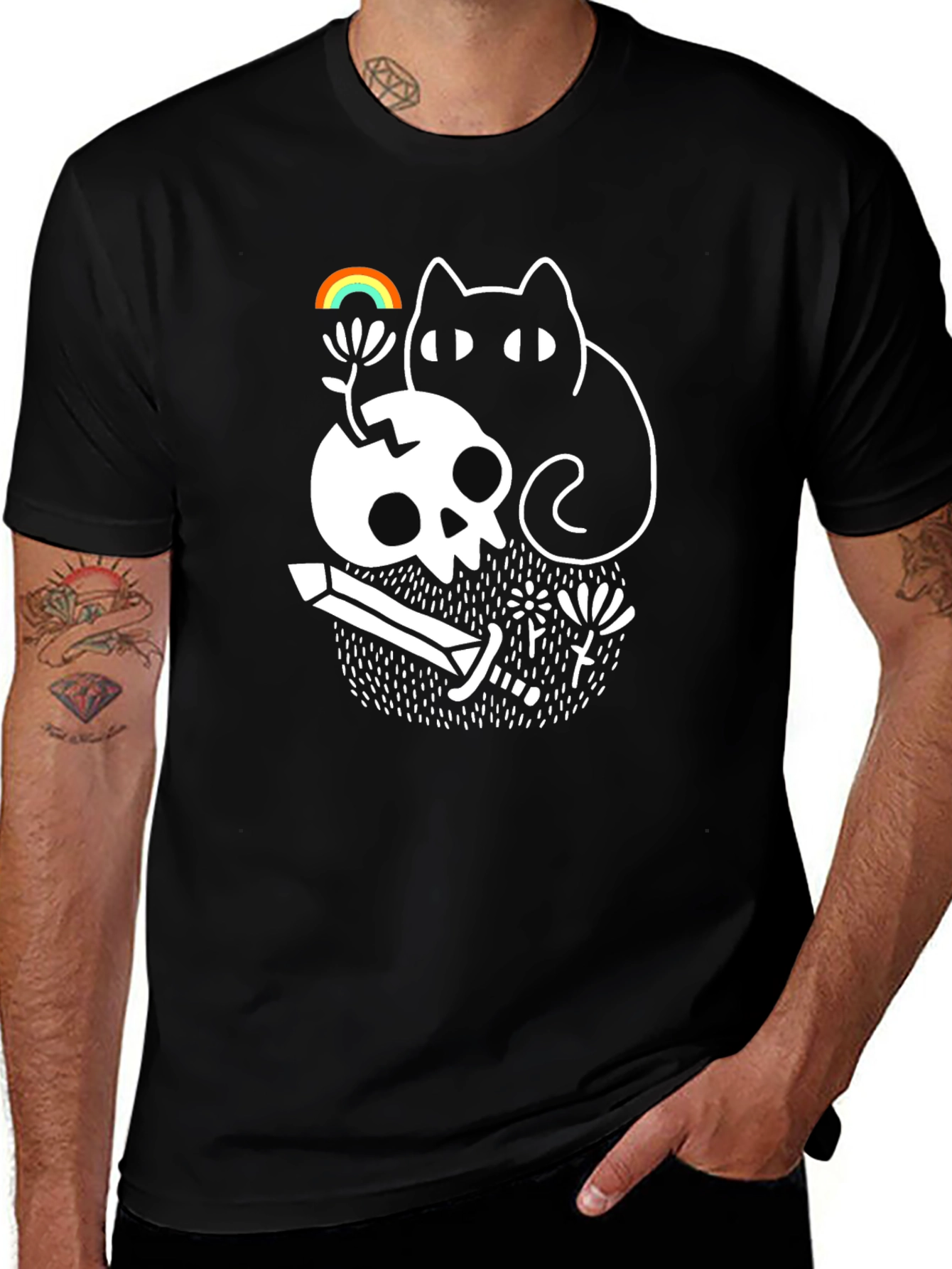 Variant 17 of Skull Cat Rainbow Graphic Tee - Black Unisex T-Shirt