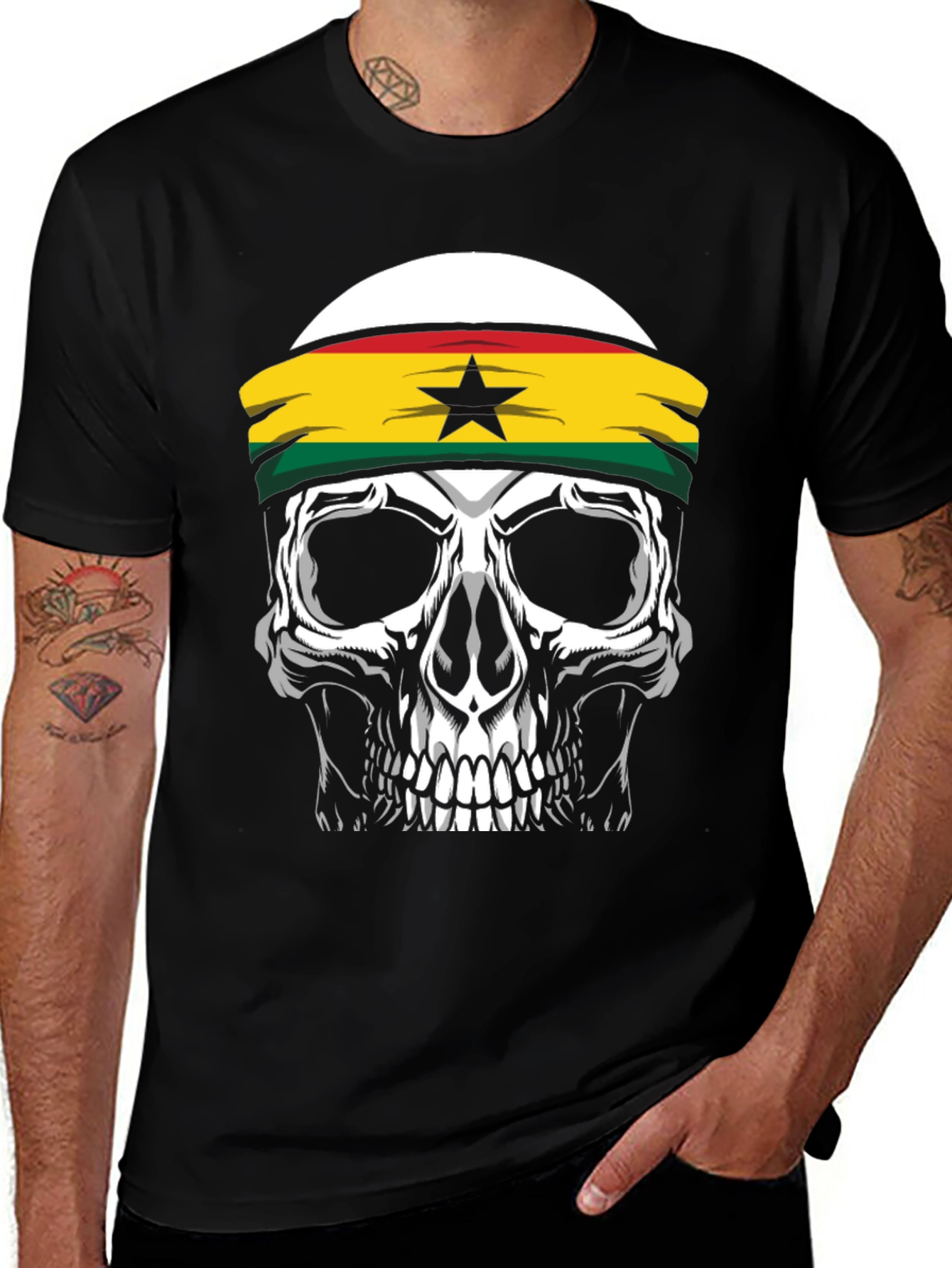 Skull Ghana Flag Headband Black T-Shirt
