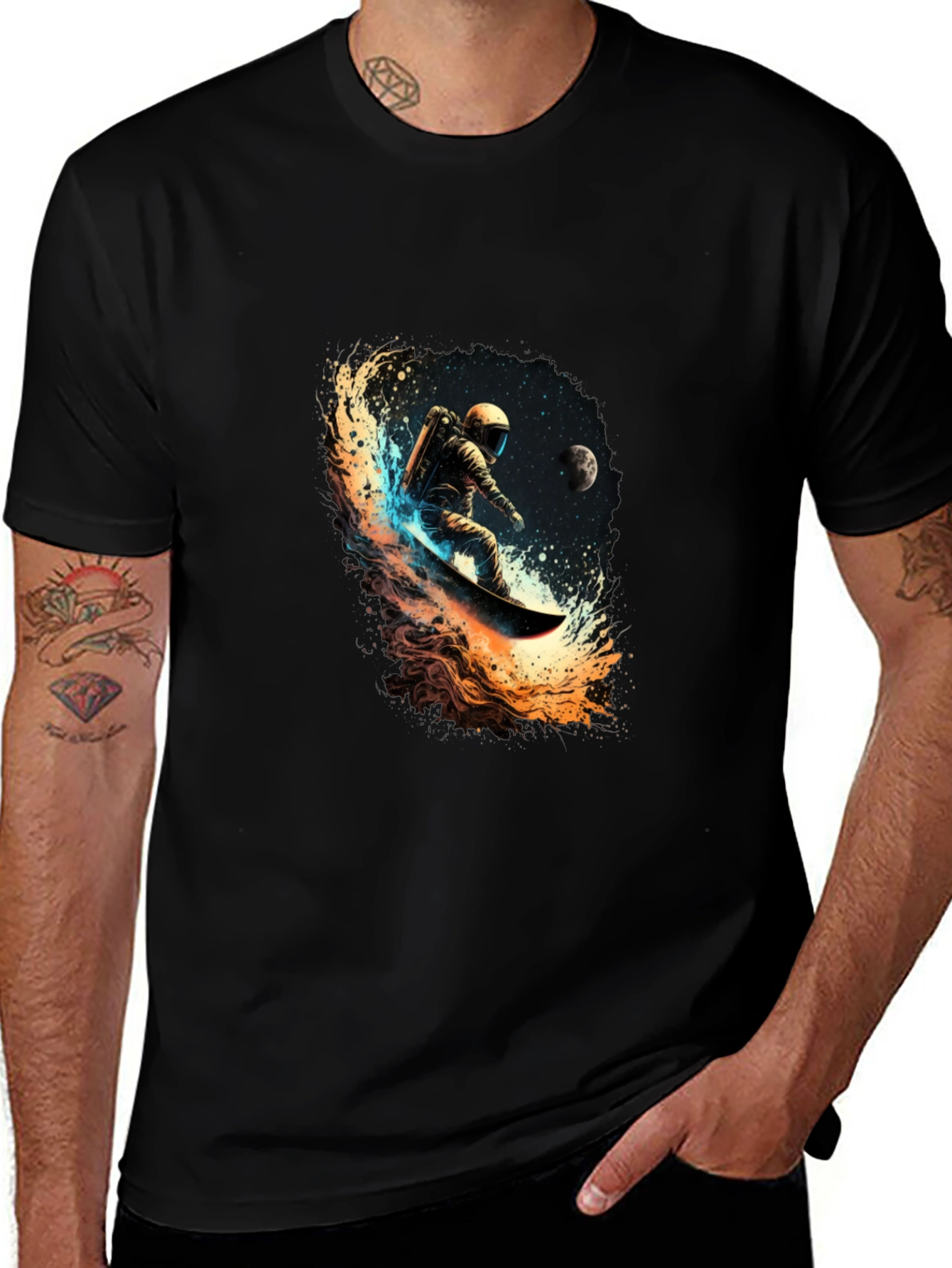Variant 9 of Astronaut Space Surfing Black T-Shirt