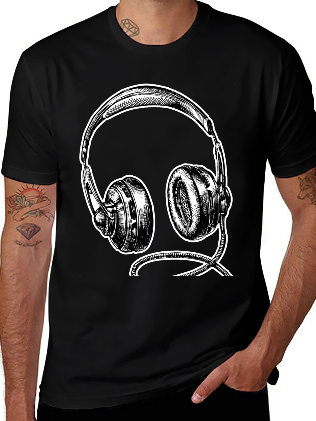 Variant 13 of Black Graphic Tee - Headphone Sketch Design