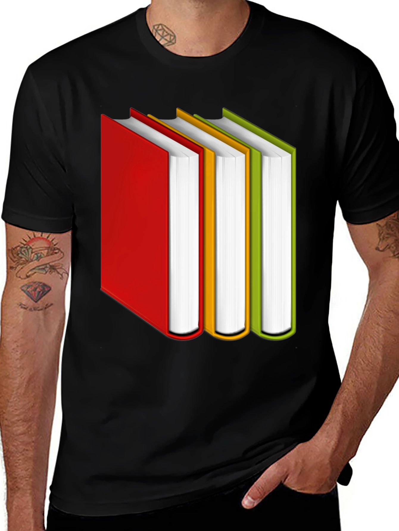 Black Book Lover's Tee: Colorful Book Stack Graphic T-Shirt main image