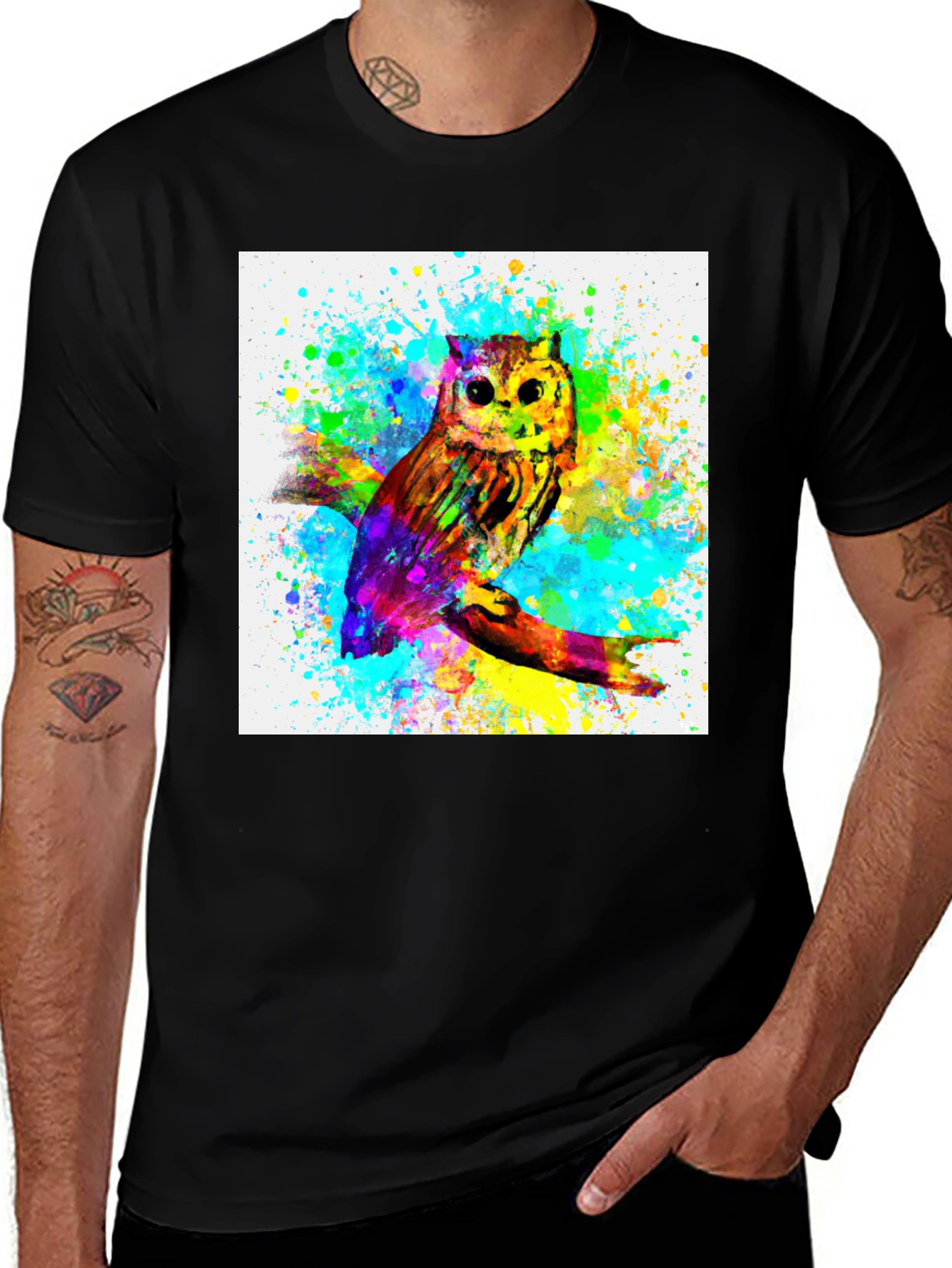 Variant 6 of Watercolor Owl Graphic Black T-Shirt