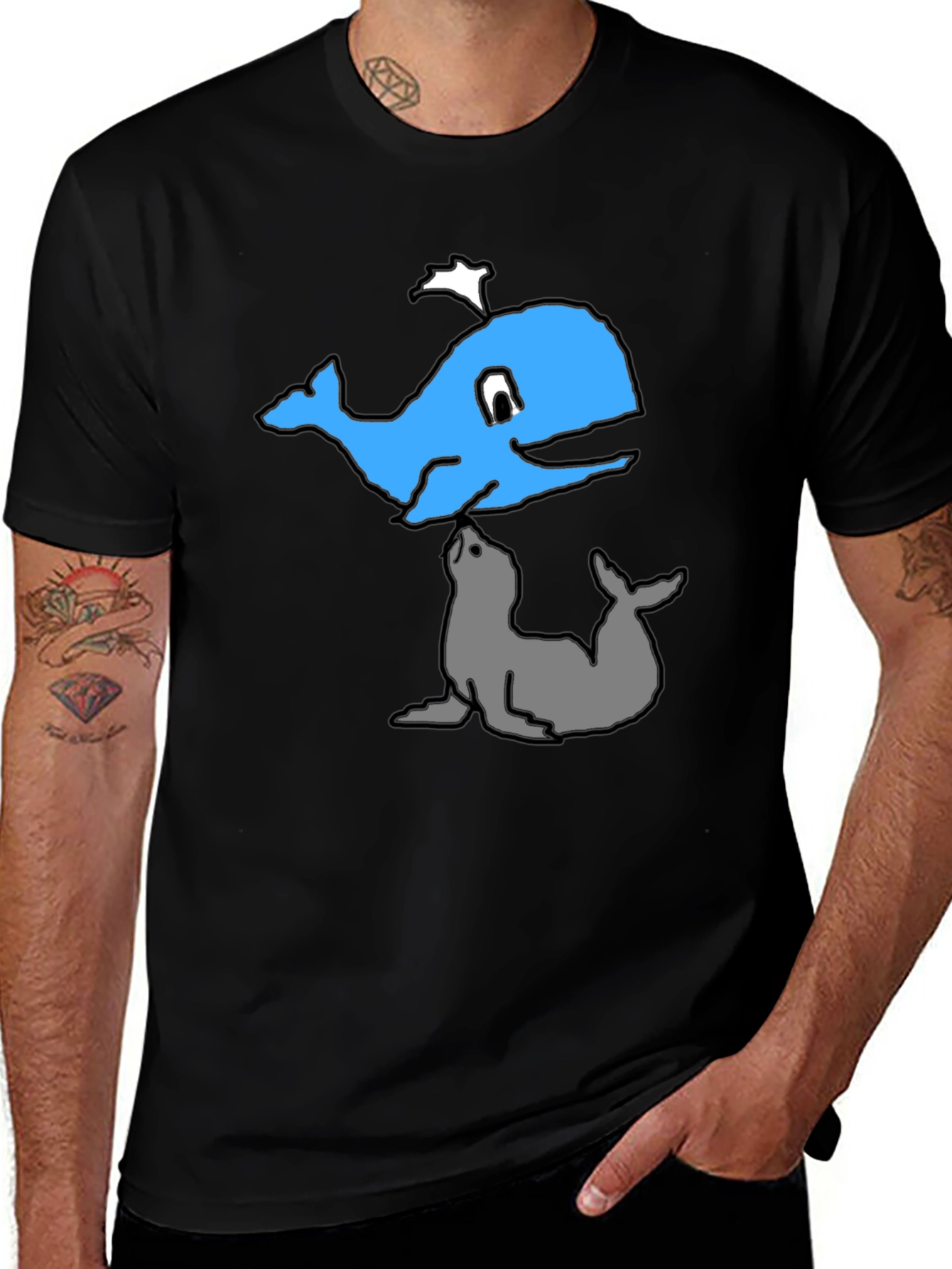 Variant 6 of Cartoon Whale and Seal Black T-Shirt