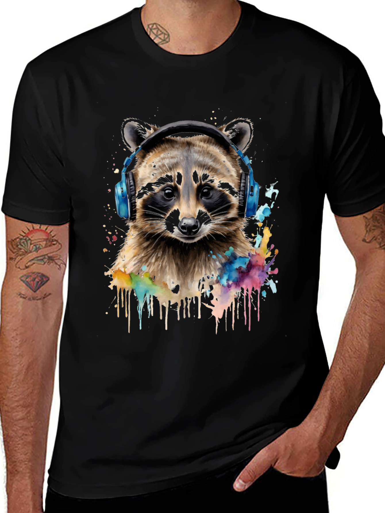 Variant 7 of Raccoon Headphone Graphic Black T-Shirt