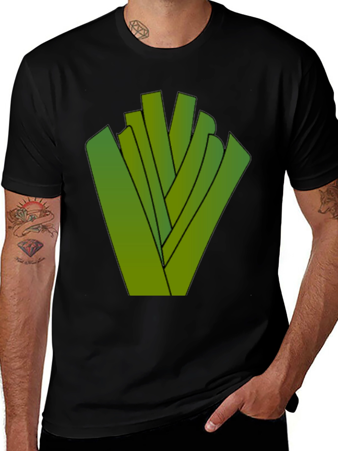Variant 13 of Abstract Green Sticks Design Black T-Shirt