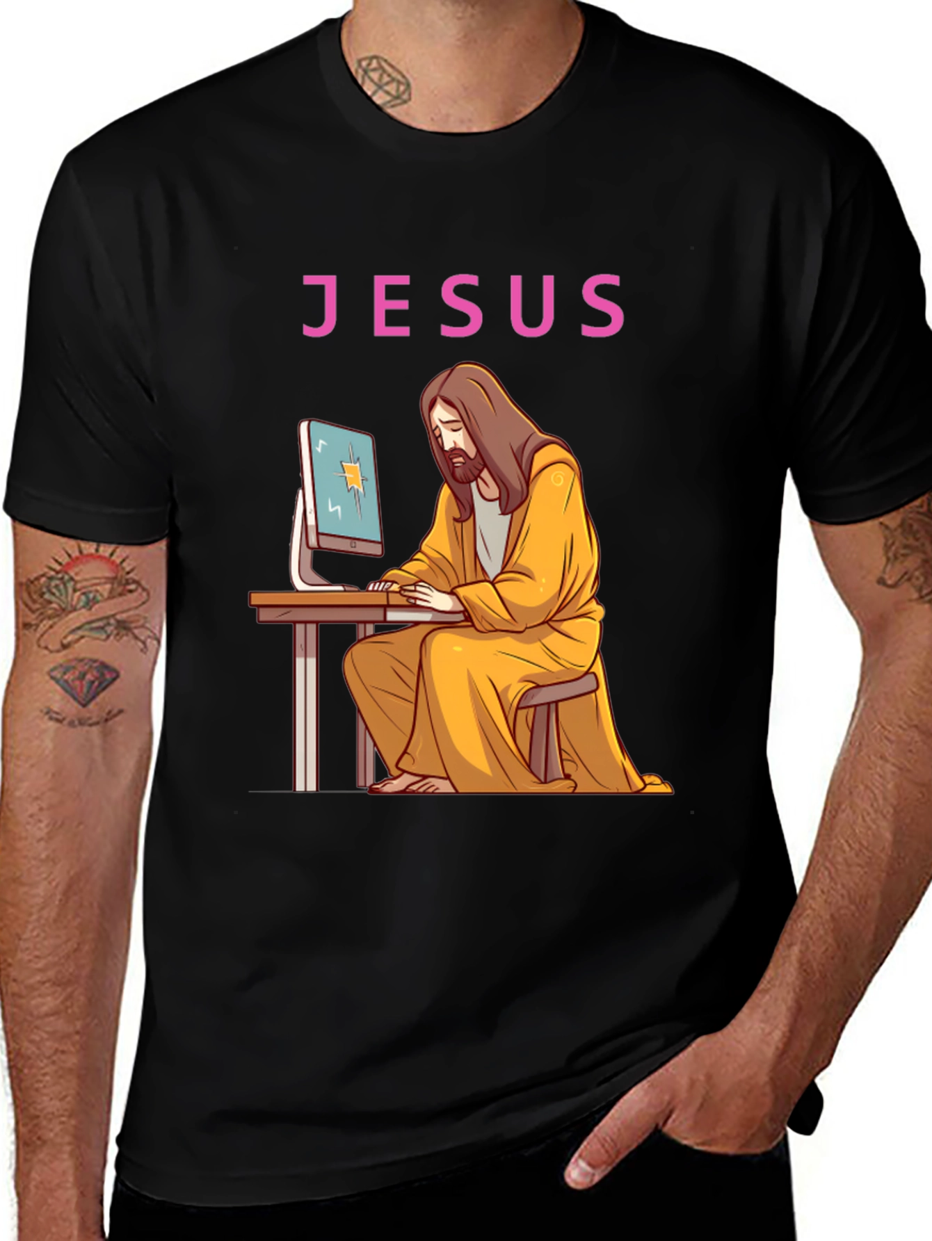 Variant 8 of Jesus on Computer Graphic Tee - Black